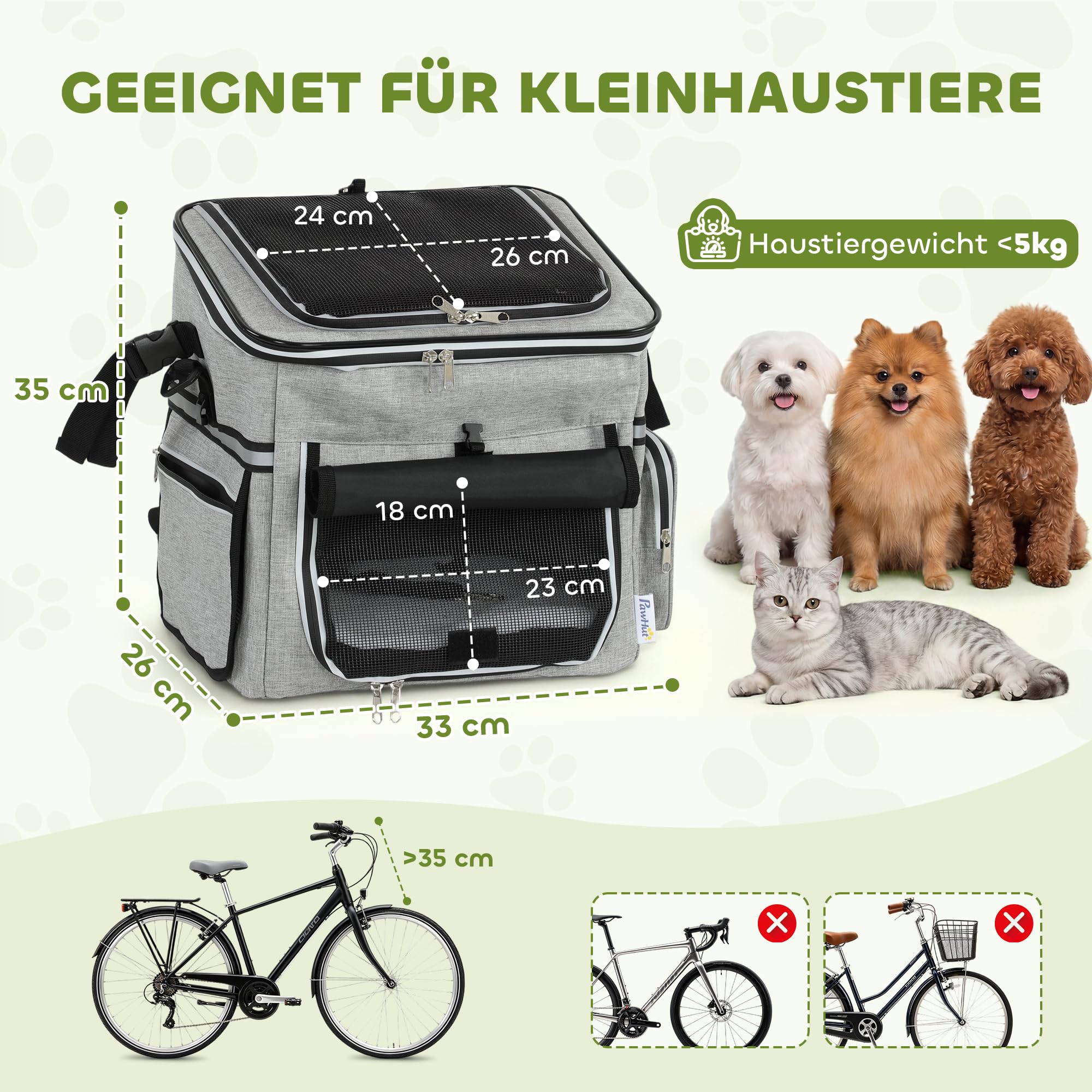 PawHut Hundekorb Fahrrad Vorne, Tragbarer Atmungsaktiver Hundefahrradkorb mit Sicherheitsleine Weichem Kissen Mesh-Türen Schüssel Fahrrad Lenkerkorb für Kleine Hunde und Katzen bis 5kg Hellgrau