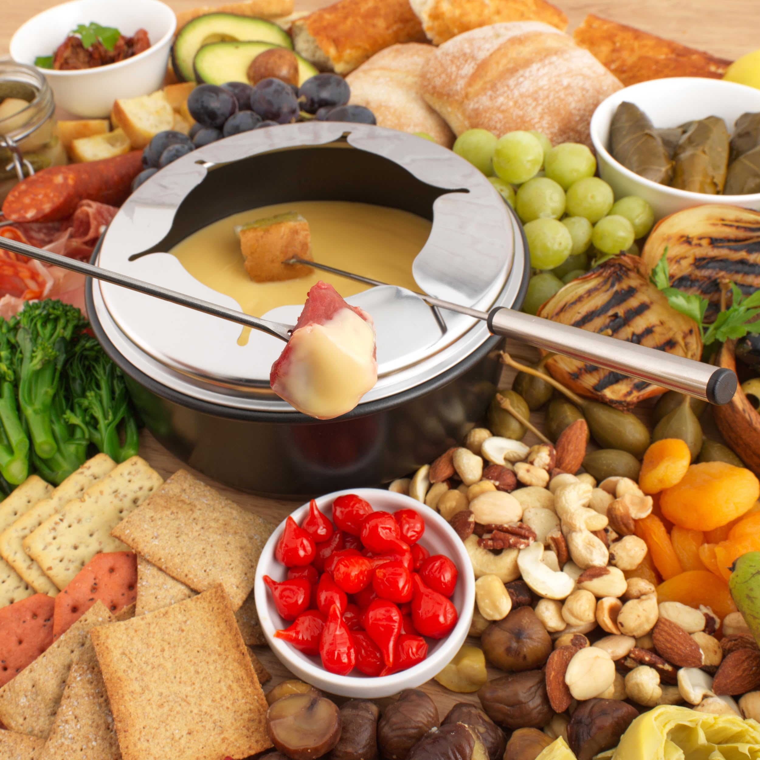 Petra PT4513VDE Grill Raclette - 6 Persone 2 in 1 Piastra Raclette e Foduta Formaggio, padelle per griglia antiaderenti, termostato regolabile, 6 forchette, 8 spatole in legno, Pentola da 1,3L, 1400W
