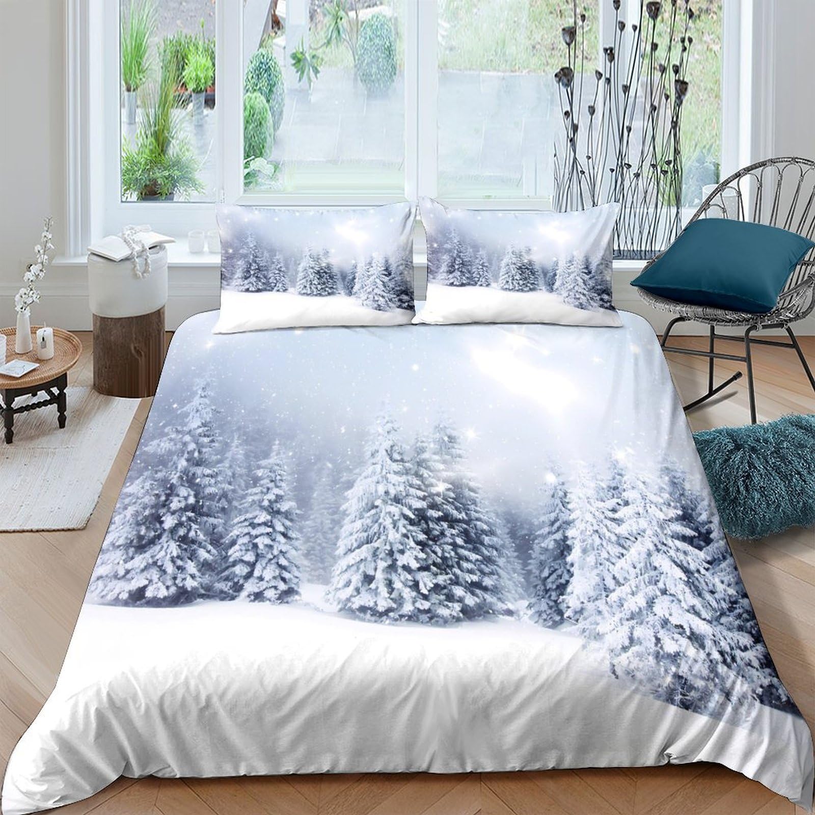 Ctjqhvkz Style-8 3D Printed Winter Forest Fitted Sheet Microfiber Soft Breathable Snow Pine Mattress Cover For Bedroom Guest Room Decor Single（135X200cm）