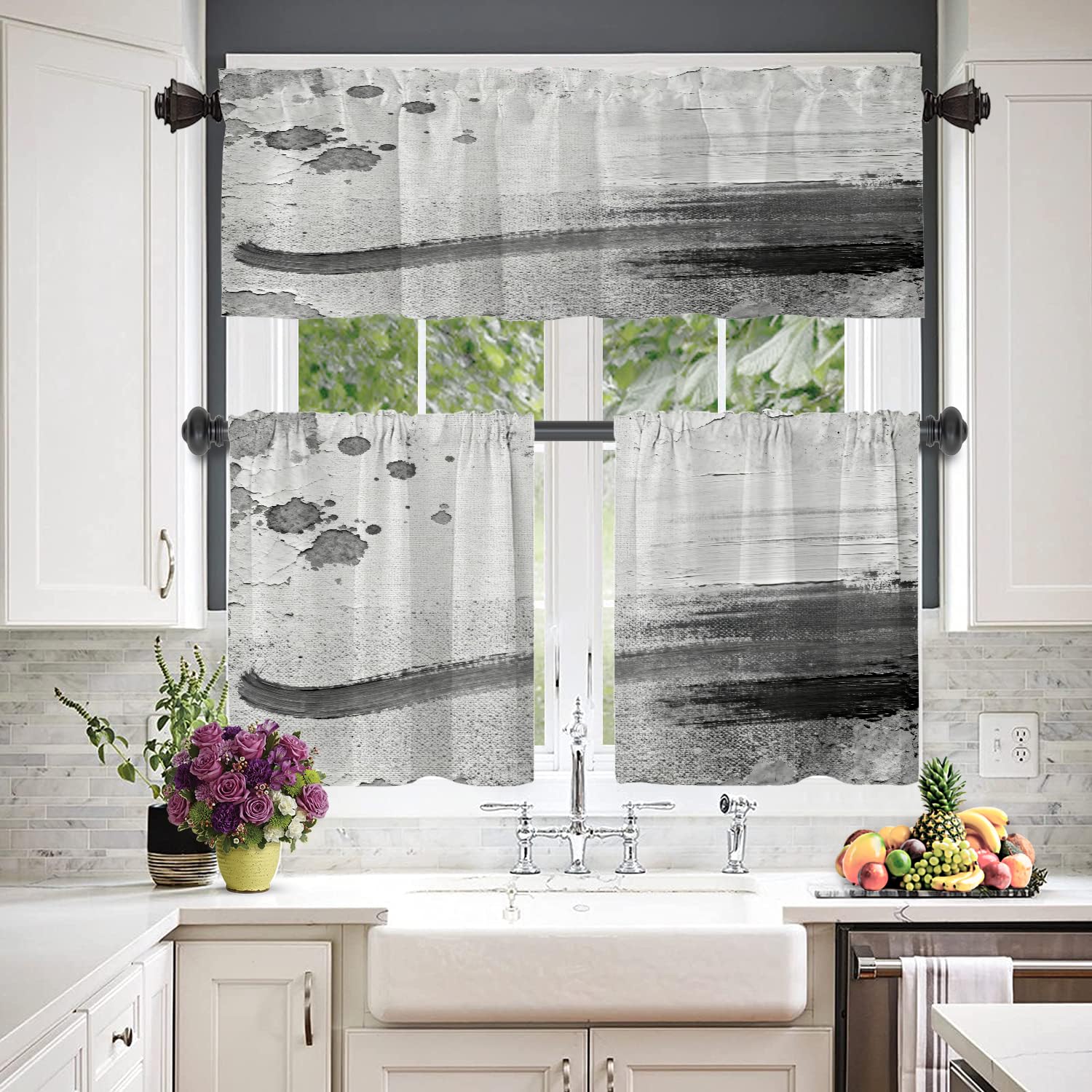 Rideau de cantonnière de Cuisine Gris Abstrait Noir - Style Rustique - Marron Froid et Gris Brique - Décoration Murale occultante - pour Cuisine, Chambre à Coucher