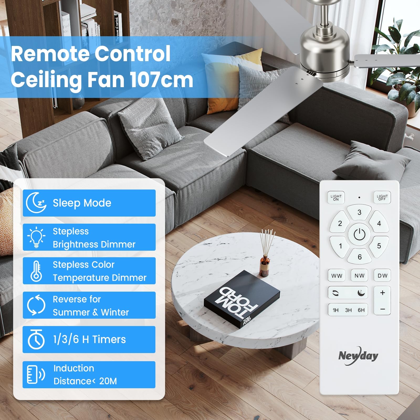 Newday 107cm Ventilatore da Soffitto Argento e Legno, Ventilatore da Soffitto con Luce e Telecomando Réversible, Pala Soffitto con Luce Dimmerabile per Soggiorno Camera da Letto Cucina Terrazza