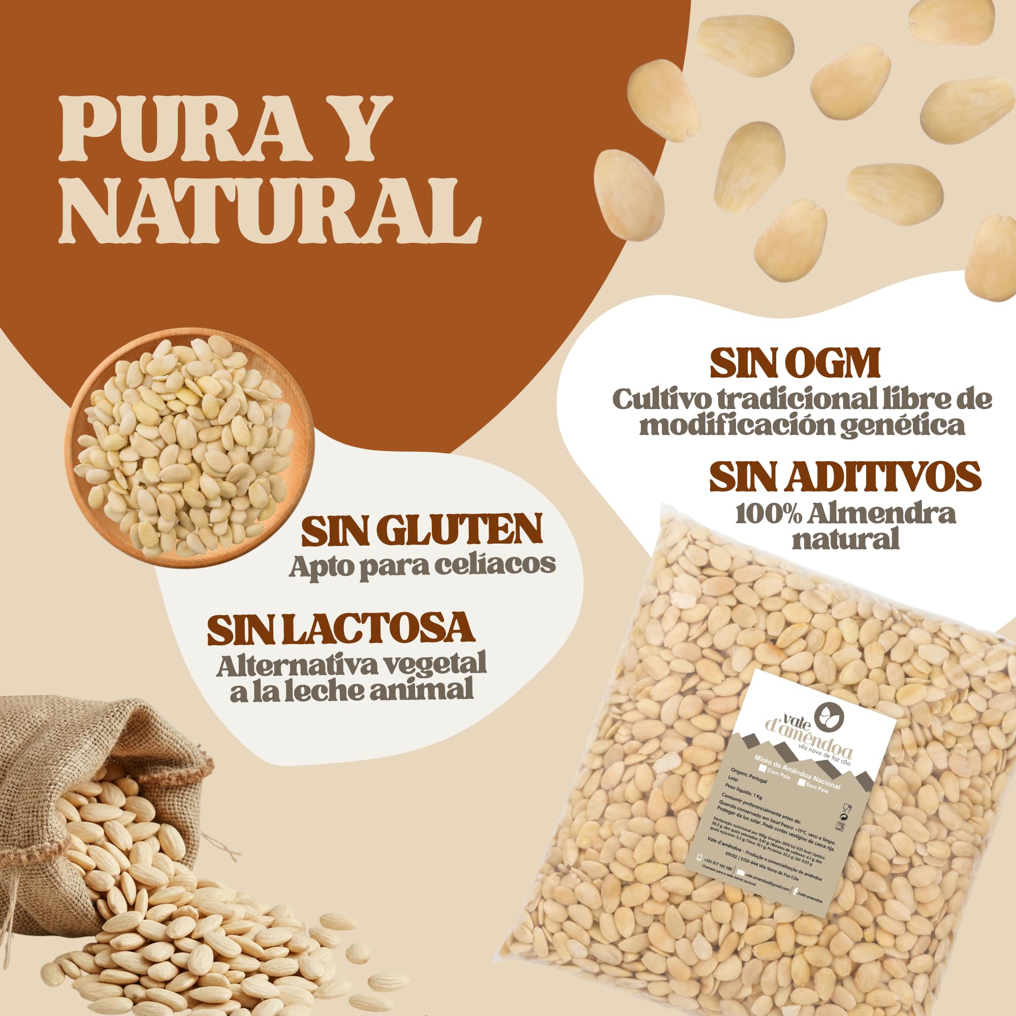 Vale D'Amêndoa Almendras Crudas Sin Piel 1kg, Calibre Grande S/14, Frutos Secos Naturales de Portugal, Sabor Dulce y Mantecoso, Ideal Snack, Repostería y Harina de Almendra, Keto, Vegano, Sin Gluten