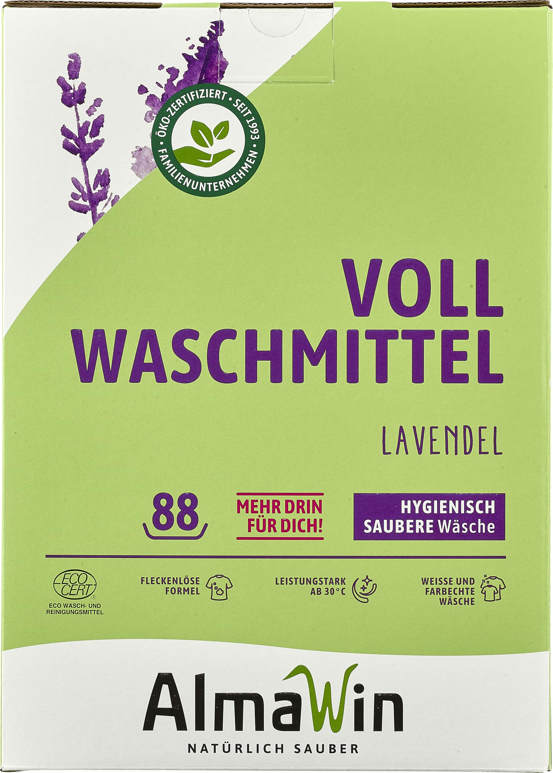 AlmaWin® Vollwaschmittel Pulver [4,6kg - 88 Ladungen] mit Lavendel-Duft für strahlende Reinheit - Waschmittel Pulver für alle weißen & farbechten Textilien [30-95°C] - Veganes Voll-Waschpulver