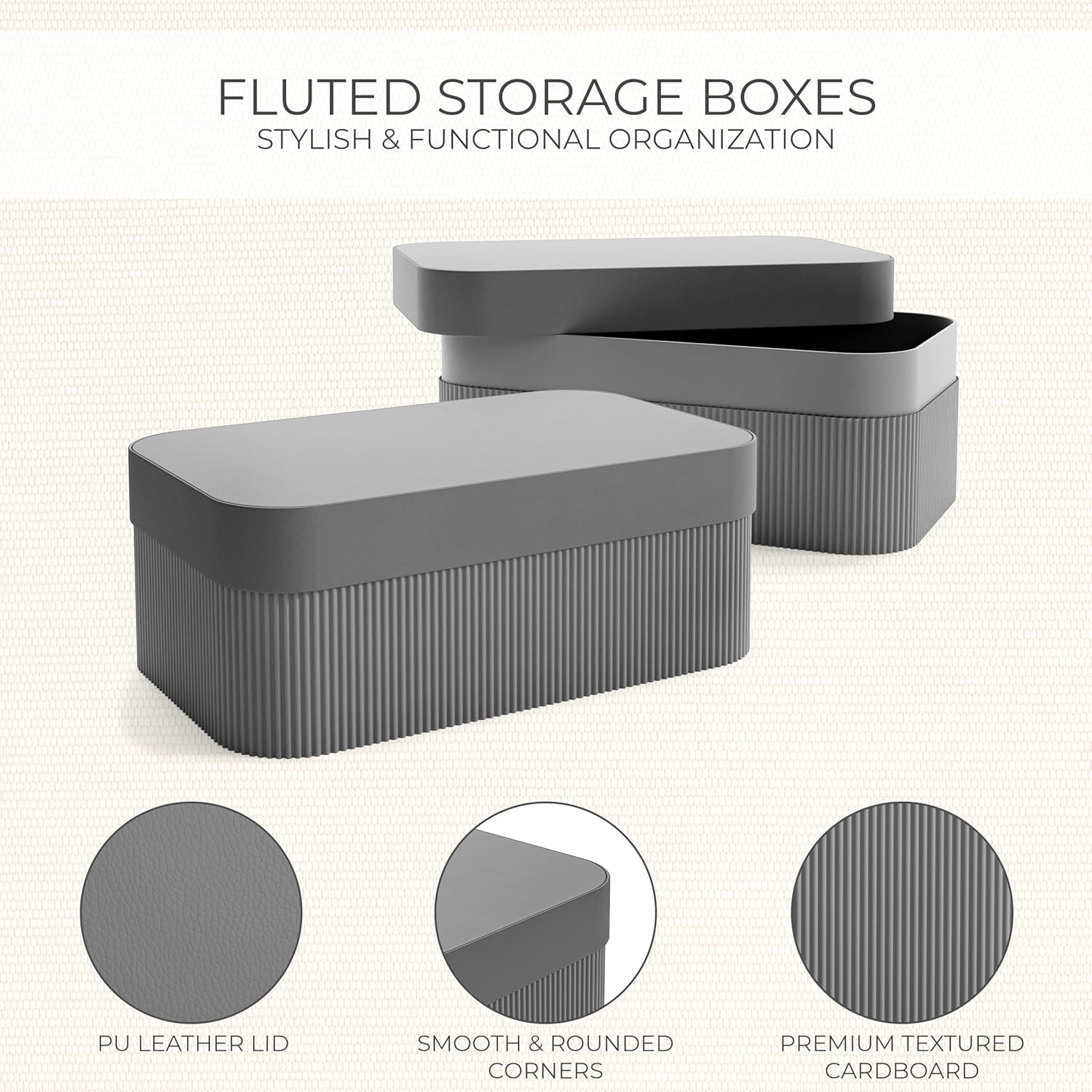 Decorative Storage Boxes with Lids – Set of 2 Beautiful Fluted Cardboard Organizer Bins for Your Home Bookshelf Decor to Safely Store Your Documents, Memory Box Items and Other Keepsakes in Style