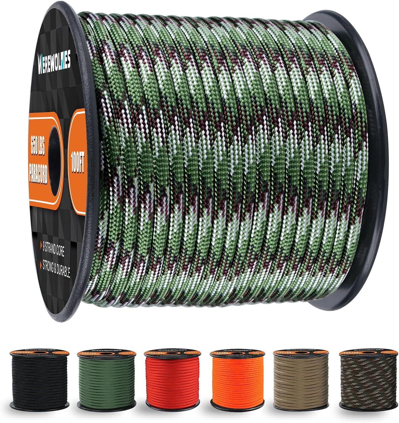 WEREWOLVES 650lb Paracord/Parachute Cord - 9 Strand Paracord Rope - 100', 200' Spools of Parachute Cord, Type III Paracord for Camping, Survival