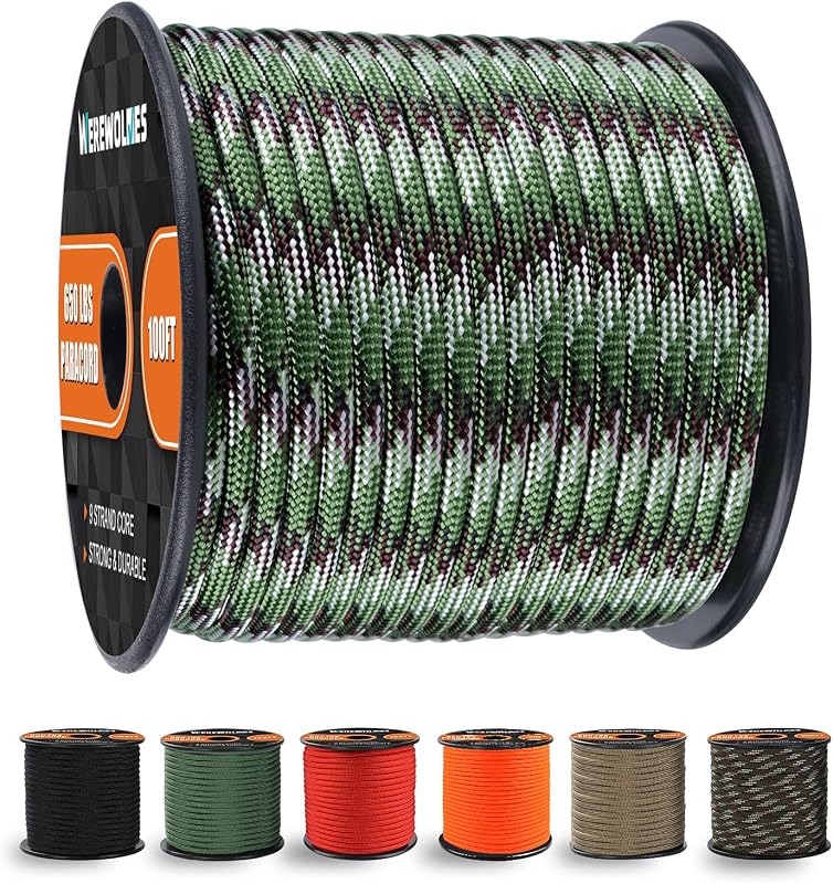 WEREWOLVES Cuerda de paracaídas/paracaídas de 650 lb - Cuerda de paracaídas de 9 hebras - Bobinas de cuerda de paracaídas de 100', 200', Paracord tipo III para acampar, supervivencia