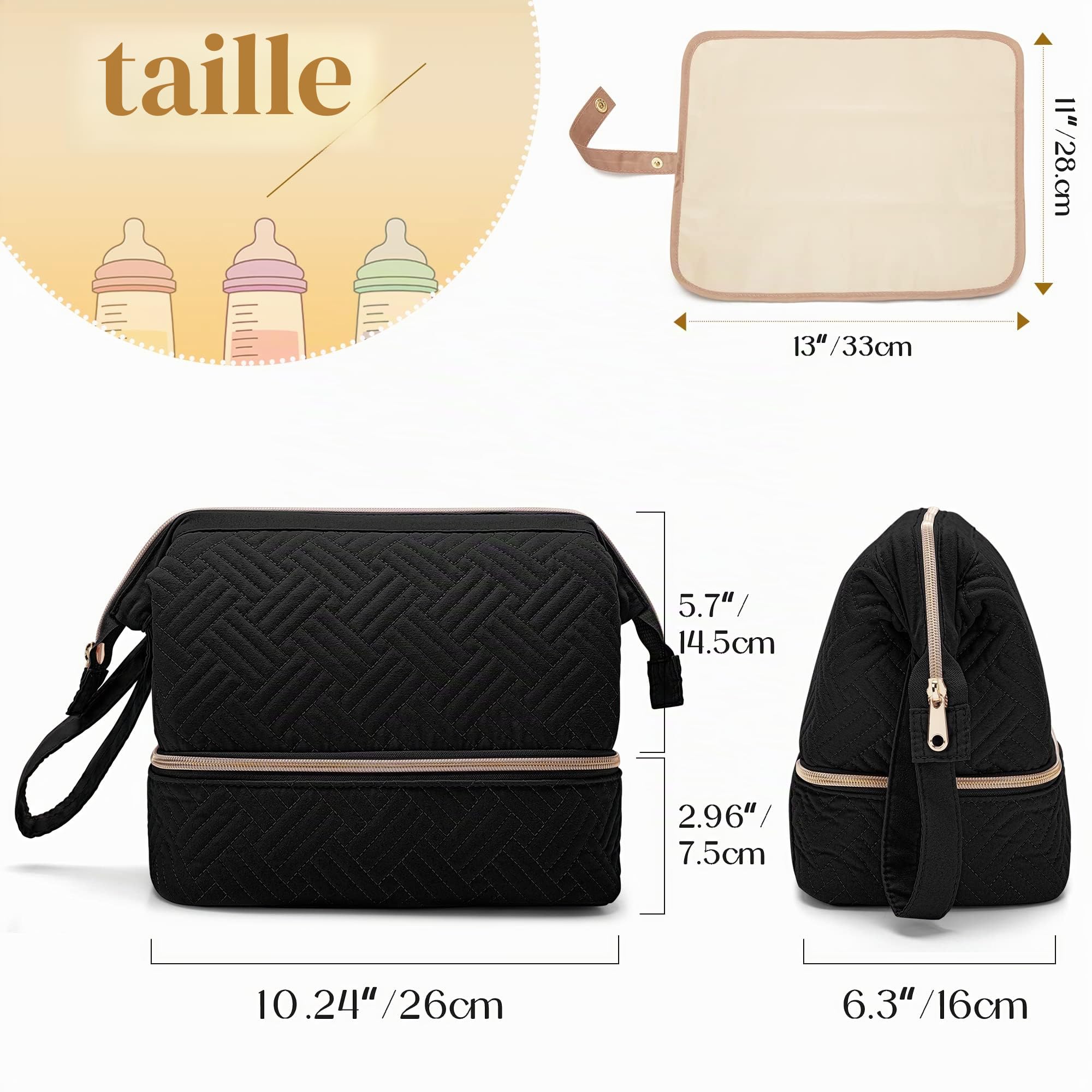 Sac pour tire-lait portable compatible avec les pompes Elvie et Medela Pump in Style, sac de transport double couche avec tapis imperméable et poches isolées pour les mamans qui travaillent, Noir