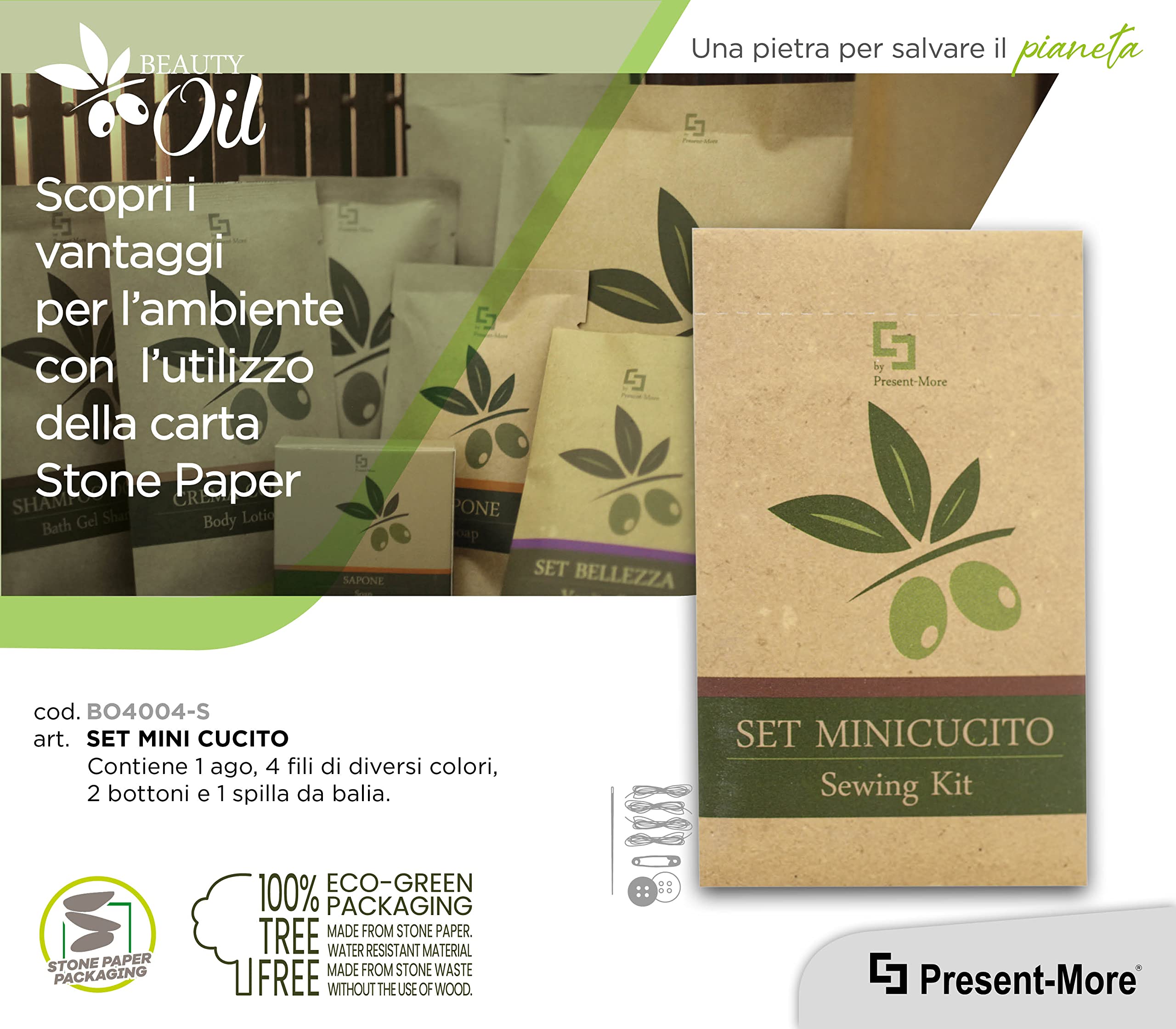 Kit Cucito 50 Pezzi Linea Beauty Oil - Ago Fili Bottoni Spilla da Balia - Packaging Ecologico Stone Paper