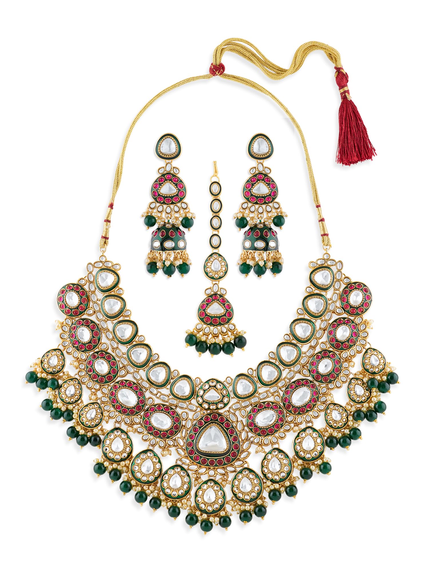 zaveri pearls Green Pink Stones Beads Dazzling Kundan Meenakari Bridal Necklace Earring & Maangtikka Set For Women-ZPFK22115-picture-11