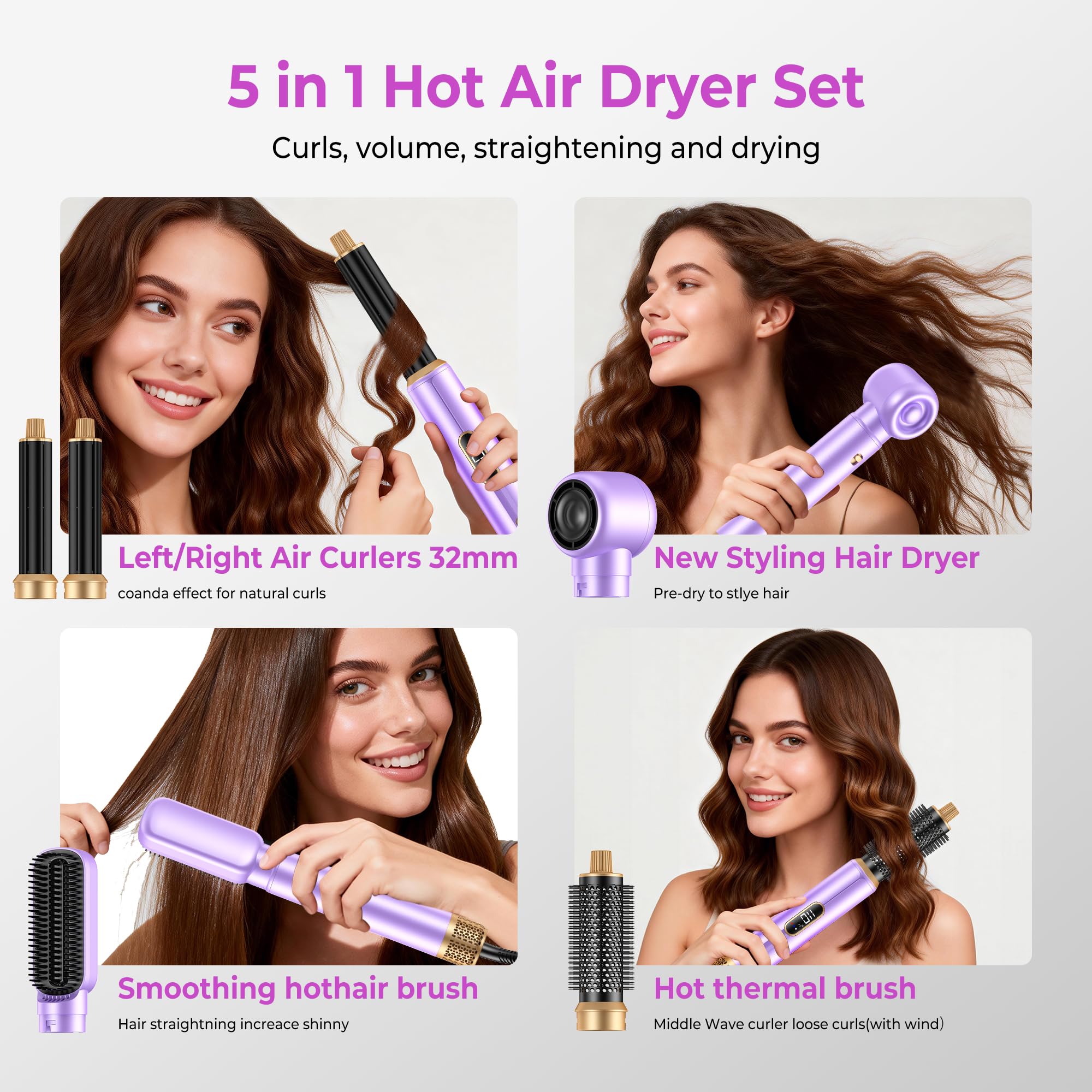 Neue Airstyler 5 in 1 Föhnbürste Set, Ionen Hairstyler mit 30mm Warmluft-Lockenstab | 1000W Haartrockner für Volumen, Trocknen, Glätten & Locken | 3 Temperaturstufen (50°C-105°C) für Alle Haartypen