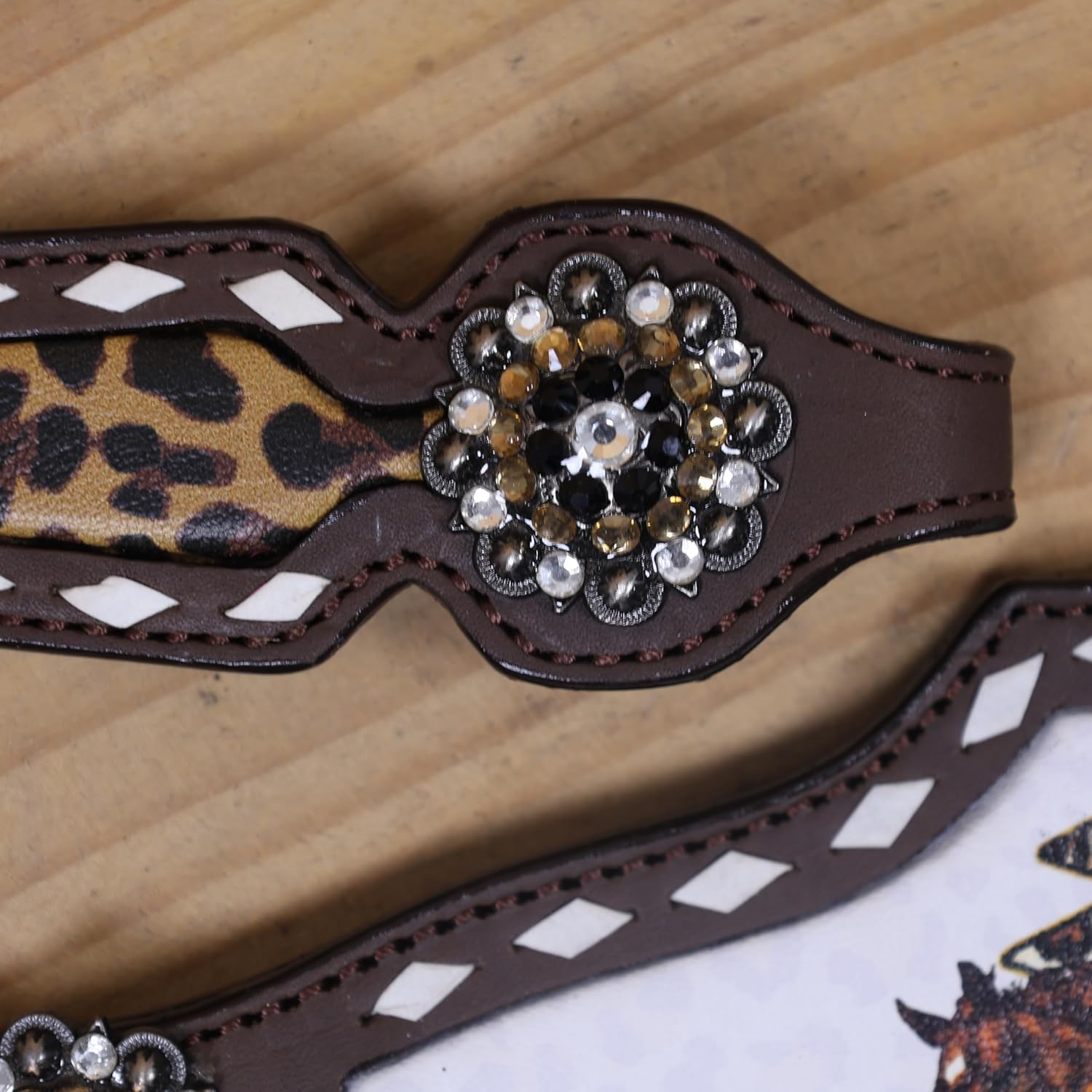 Western Leather Headstall and Breast Collar Handmade Tack Set for Horses, Leopard Print with Rawhide Buck Stitching, Bling Conchos, and Running Horse Gladiator Design, Argentina Leather