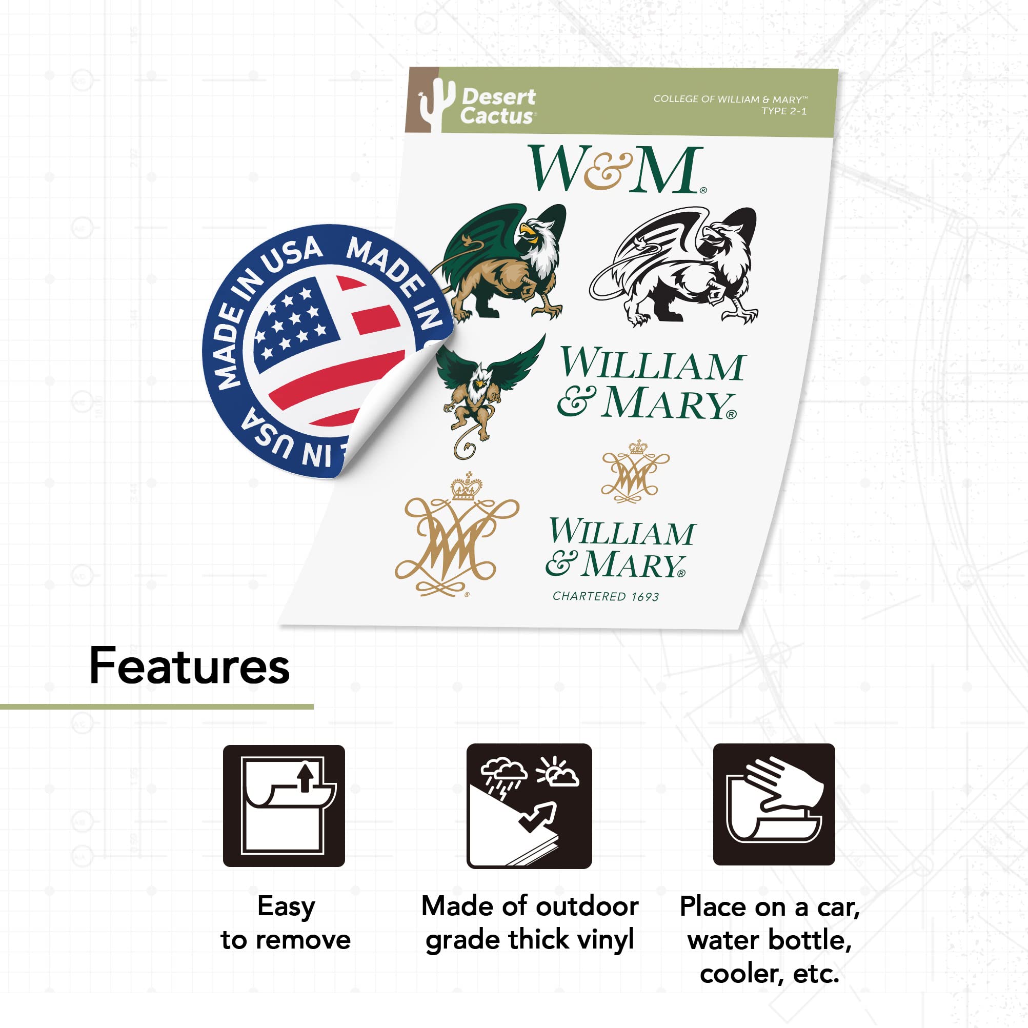 Desert Cactus William & Mary Tribe Sticker Sheet – Officially Licensed Vinyl Decals For Laptop, Car, Water Bottle