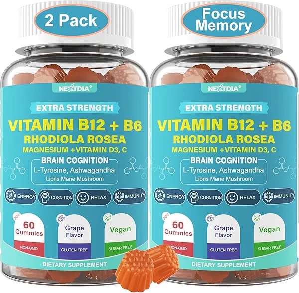 Focus Memory & Energy Gummies, L-Tyrosine + Methyl B12 1000mcg, B6 50mg, D3 C, Lion's Mane Mushroom, for 15+ Students, Office Worker, Multivitamin, Herb Blend for Seniors Brain & Cognition, Sugar Free