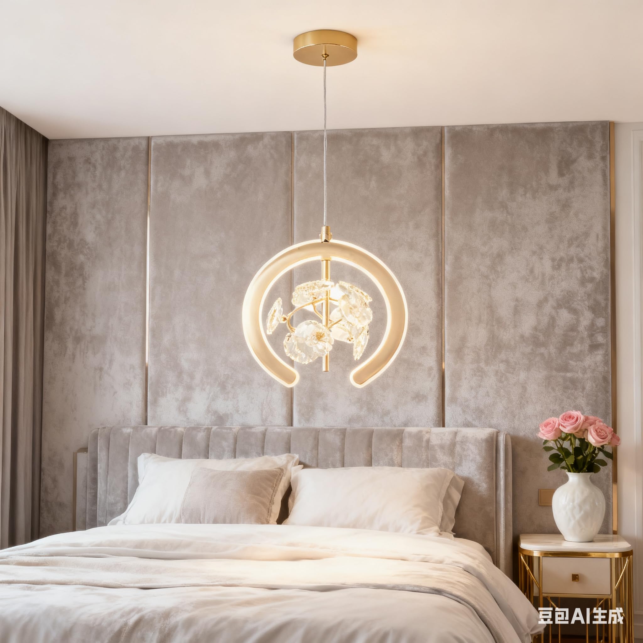 Lampadario a sospensione di lusso in cristallo, piccolo, circolare, in metallo dorato, a LED dimmerabile, adatto per camere da letto e bar.