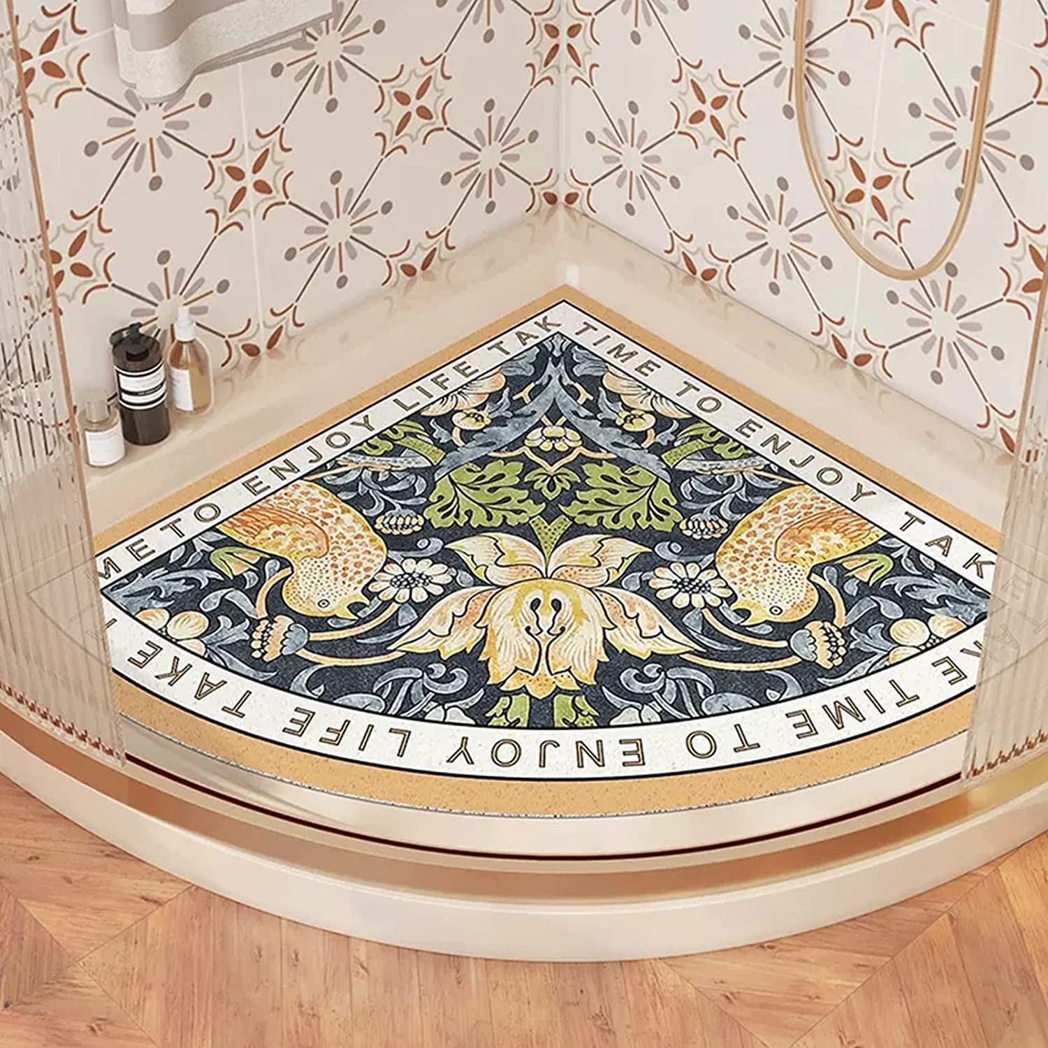 Fisecnoo Corner Shower Mat Non Slip Bath Mat, Sector Shower Mat Soft Quadrant Bath Mat with Drain, Massage Curved Shower Mat Anti-slip for Shower Stall (Color : E, Size : 90x90cm)