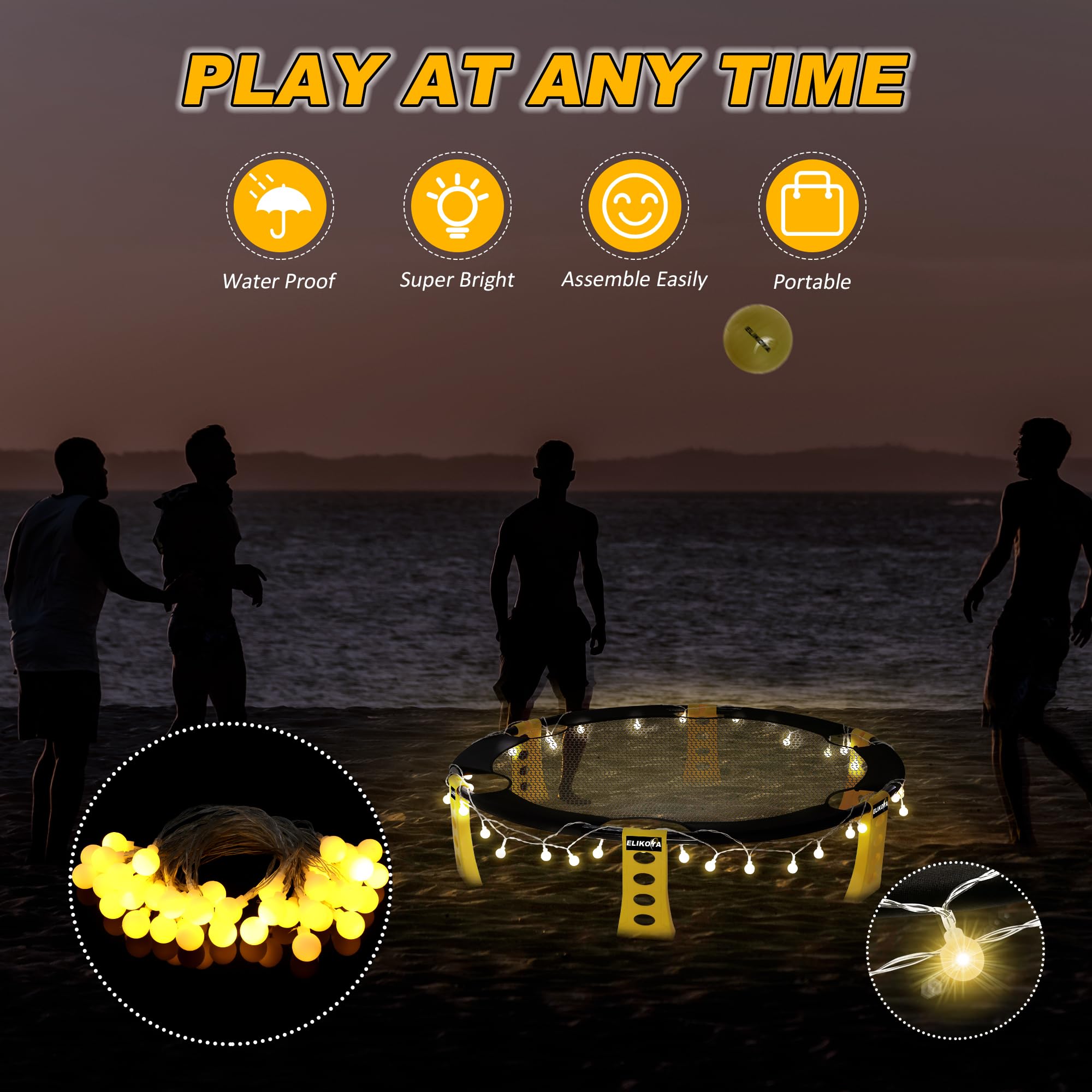 Le jeu de balle de plage d'extérieur comprend 4 balles, un filet et un sac de transport – Ensemble de jeux de cour rond pour adultes, enfants et famille – Parfait pour la plage, la cour, la