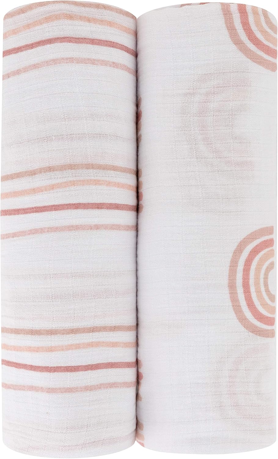 Ely's & Co. Cotton Muslin Swaddle Blanket 2-Pack for Baby Girl — 100% Cotton Muslin Extra-Large Swaddle Blankets (47” x 47”) Dusty Rose Stripes | Rainbows