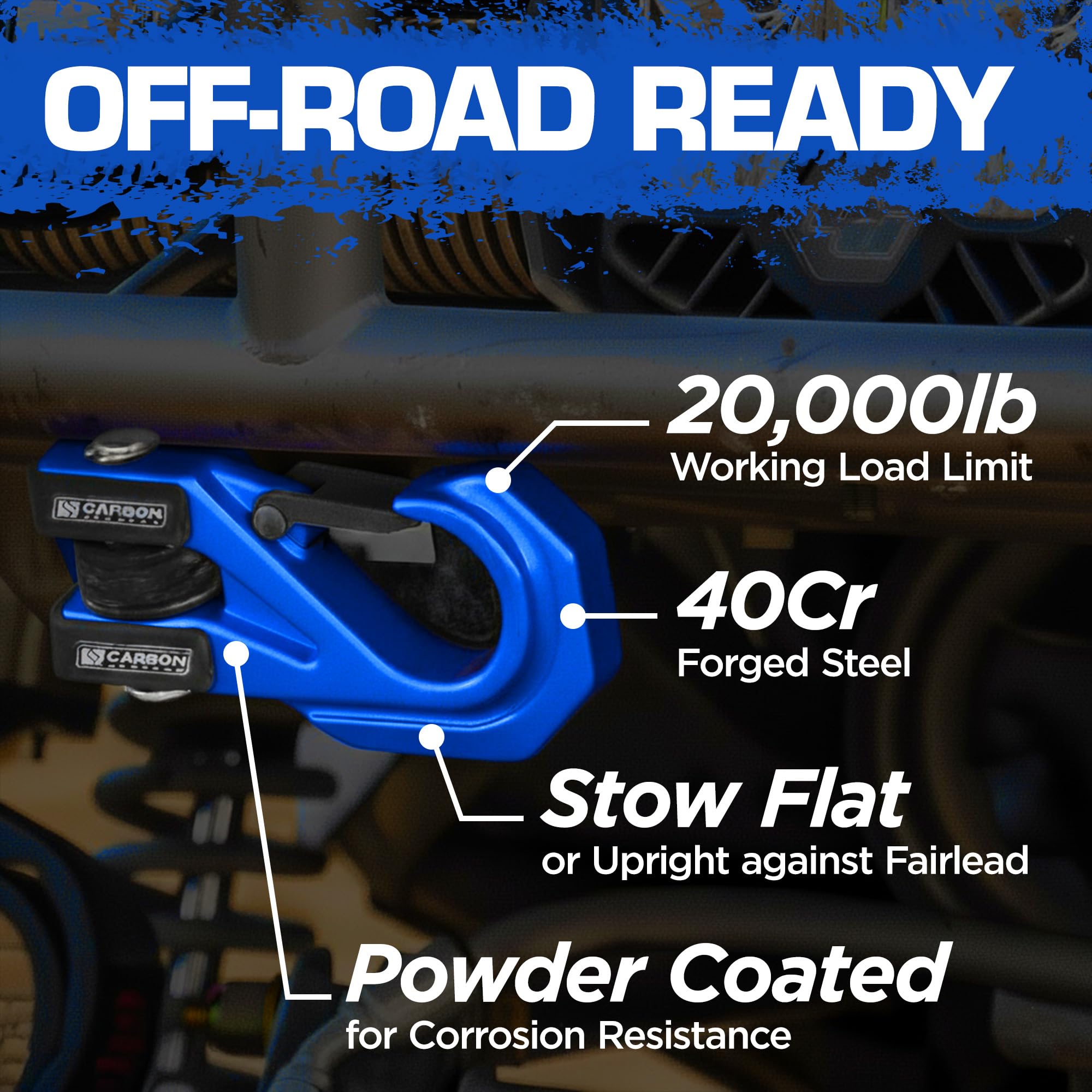 Carbon Offroad Megapro Hak do wciągarki, ciągnięcie UTV, SUV, ciężarówka, przyczepa do 9,072 kg, wytrzymały hak do wciągarki ATV, stal stopowa 40cr, podłączenie jedną ręką, niebieski