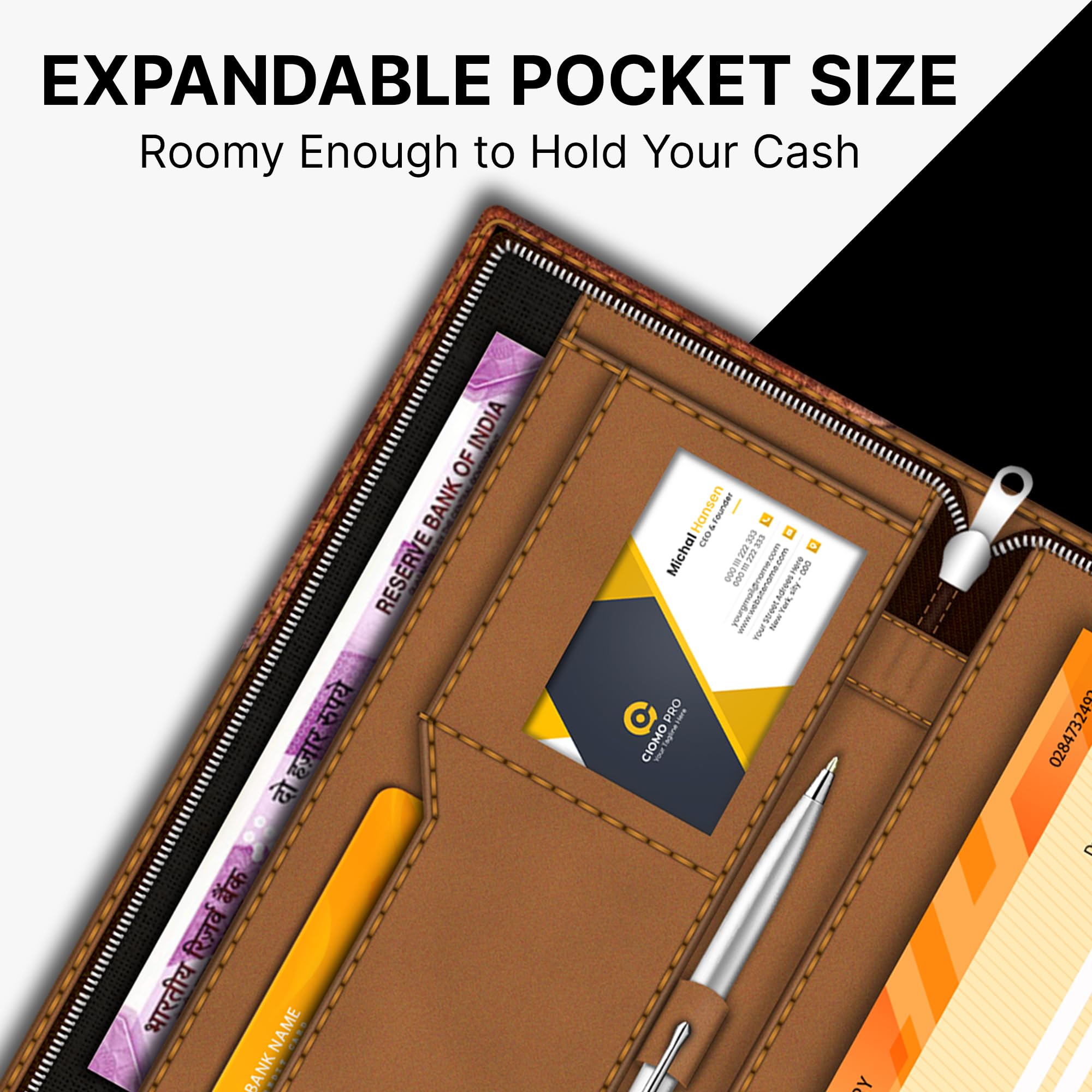 FEDUS Dual Brown Vegan Leather Expanding Handmade Multiple Cheque Book Holder for Cards, Women/Men Checkbook Wallet, Traveling Wallets, Documents Holder 4