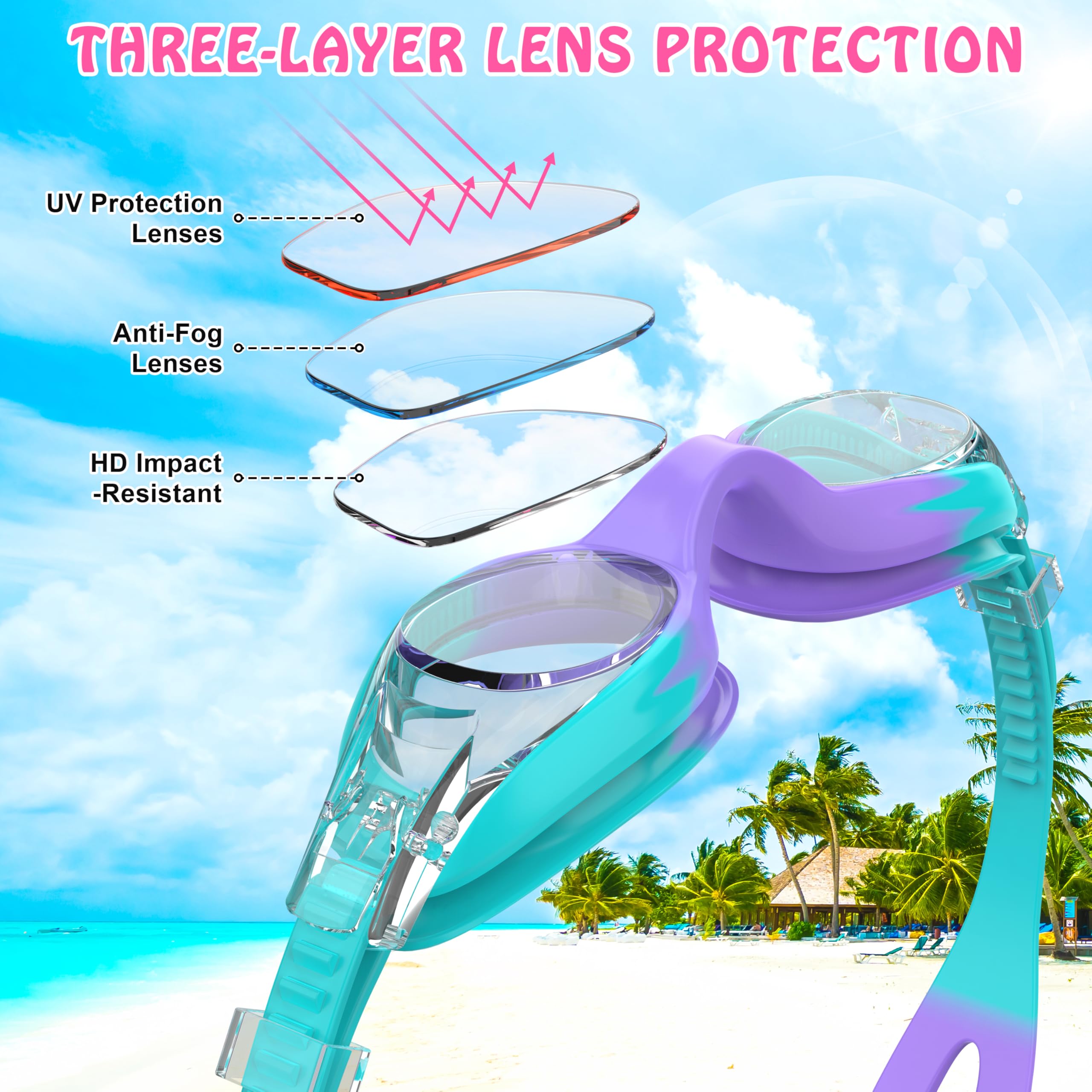 Lunette Piscine Enfant 2 Pcs Anti-Buée Protection UV Silicone 3-12 Ans