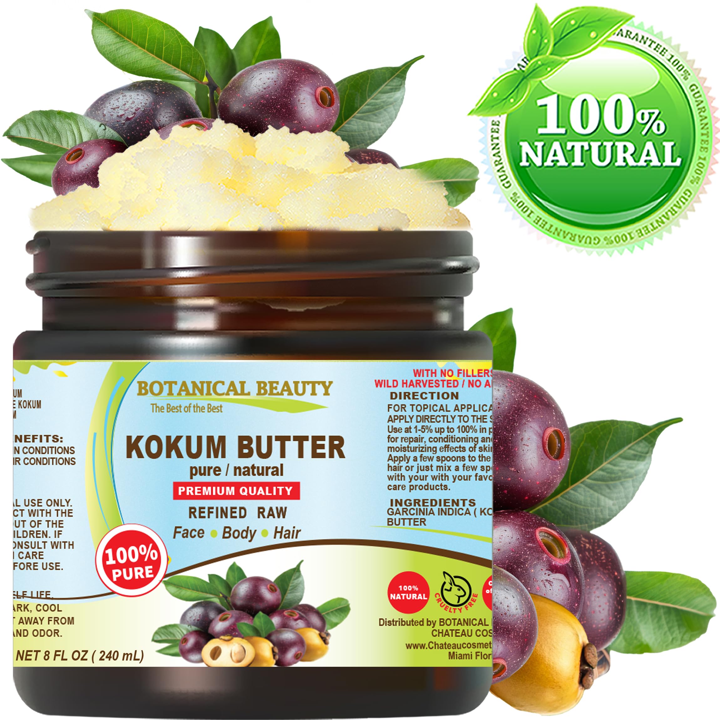 KOKUM BUTTER 100% Pure Natural REFINED Cold-Pressed 8 Fl oz 240 ml for Face, Skin, Body, Hair, Lip, Nails. Rich in Vitamin E. Beauty Moisturizing Nourishing Butter Rich in Vitamin E Botanical Beauty