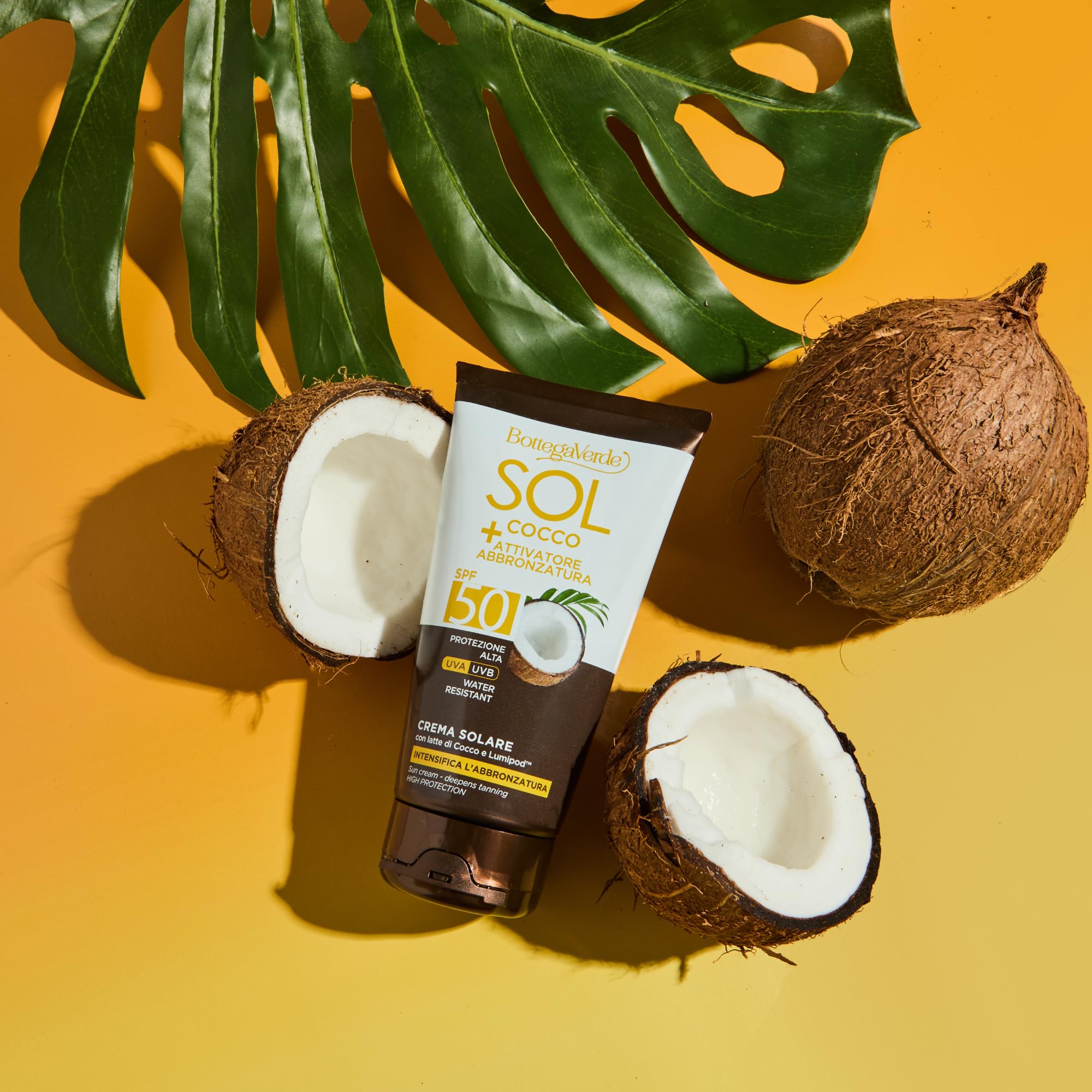 Bottega Verde - SOL Cocco + Attivatore di abbronzatura, Crema solare, intensifica l'abbronzatura, 150 ml, con latte di Cocco e Lumipod™, water resistant, protezione alta SPF50