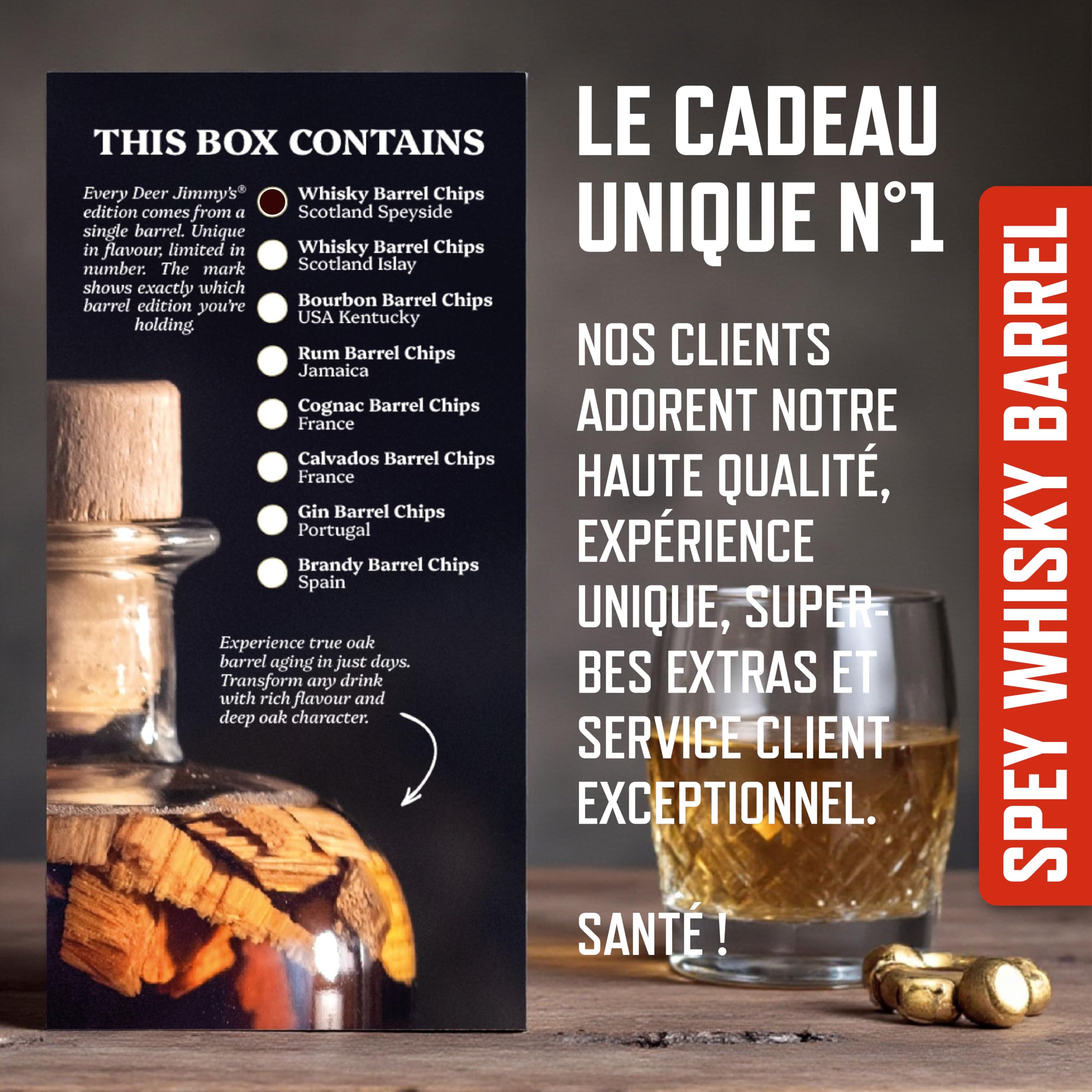 Deer Jimmy's® Coffret DIY Whisky – Fabrique Ton Propre Whisky avec du chêne Premium Issu de véritables fûts de Speyside – Maturation en fût Intense pour Tout spiritueux – Cadeau Parfait pour Homme