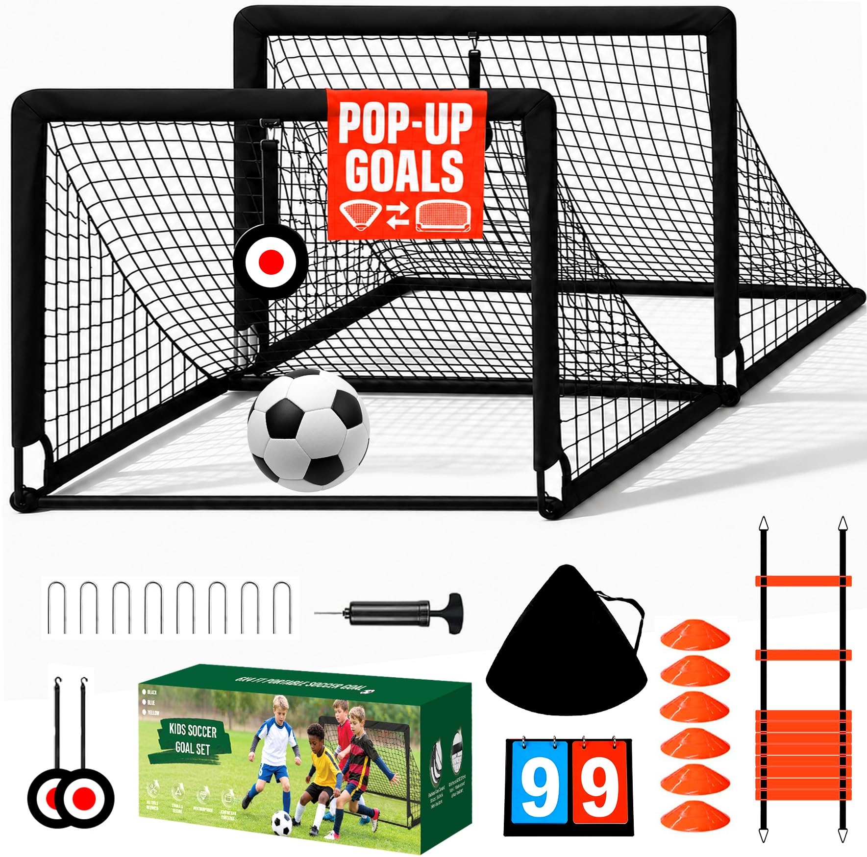 Kids Soccer Goals for Backyard Beach Set of 2,Portable Pop Up Soccer Nets | with Soccer B…