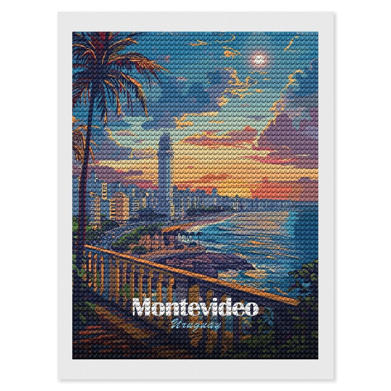 Junmoney Montevideo Uruguay Cityscape at Sunset Full Drill Diamond Painting Kit 12"x16", Adhesive Canvas, Aesthetic Room Decor, for Family Craft Time, Birthday Gift