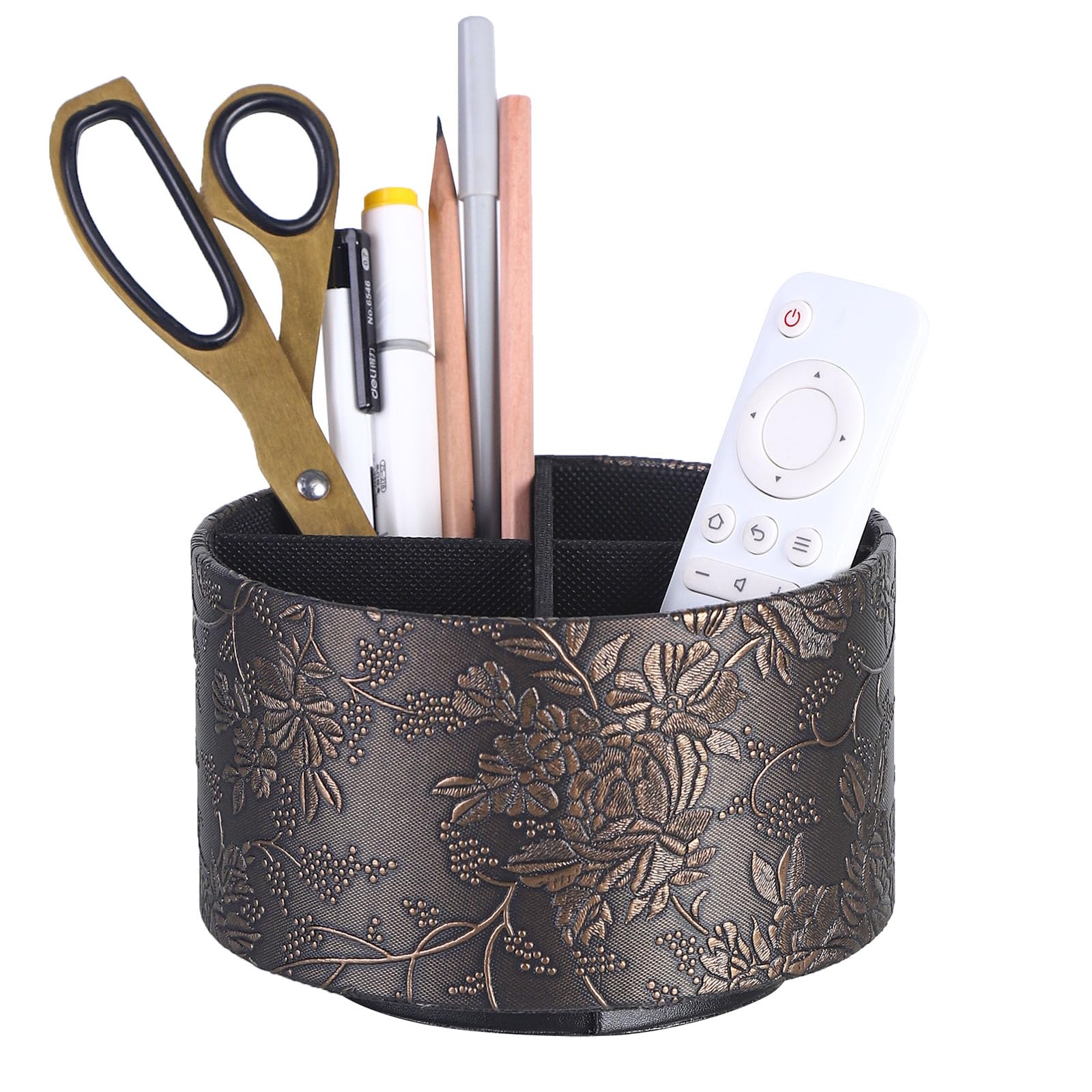 LINKWELL Coffee Table Remote Holder,PU Leather 360 Degree Rotating TV Remote Holder For Table with 4 Compartments, Office Desk Organizer for Pen,