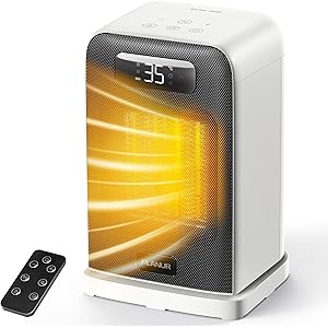 Electric Heater, 1500W Portable Heater for Home with Thermostat, Silent PTC Ceramic Space Heater with 4 Modes, 70° Oscillation, 12H Timer & Remote, Digital Display, Fan Heater for Bedroom-Wh