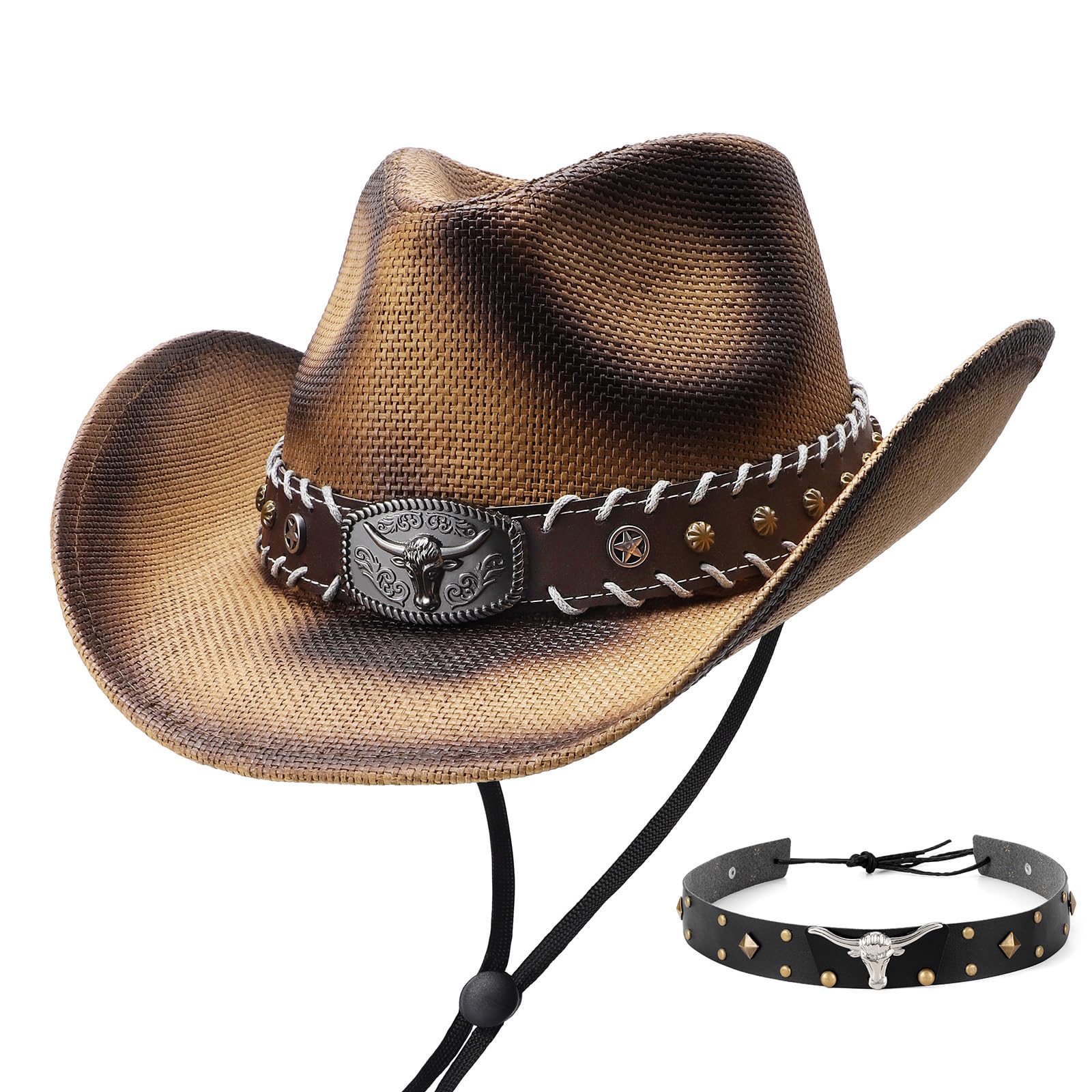 SANSTHS Cowboy Cowgirl Hats for Men Women 2 Pack Hatbands Straw Hat Wide Brim Breathable Western Hats for Lover