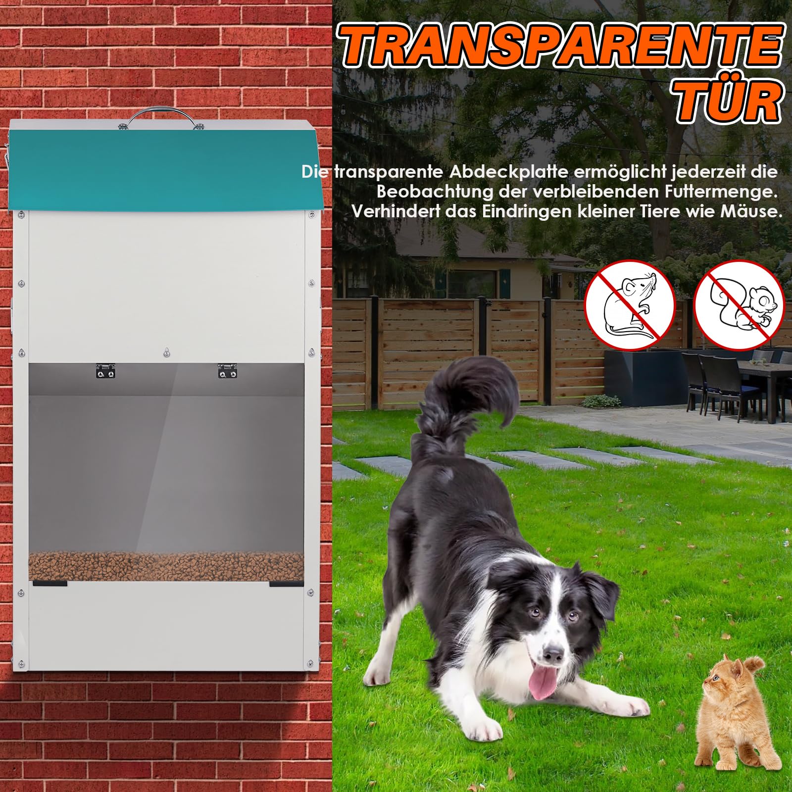 Futterautomat für Hunde - Fassungsvermögen 22 kg, mit Deckel Zum Schutz des Futters, Nagetiersicheres Design, Geeignet für den Außeneinsatz (70X30X40)