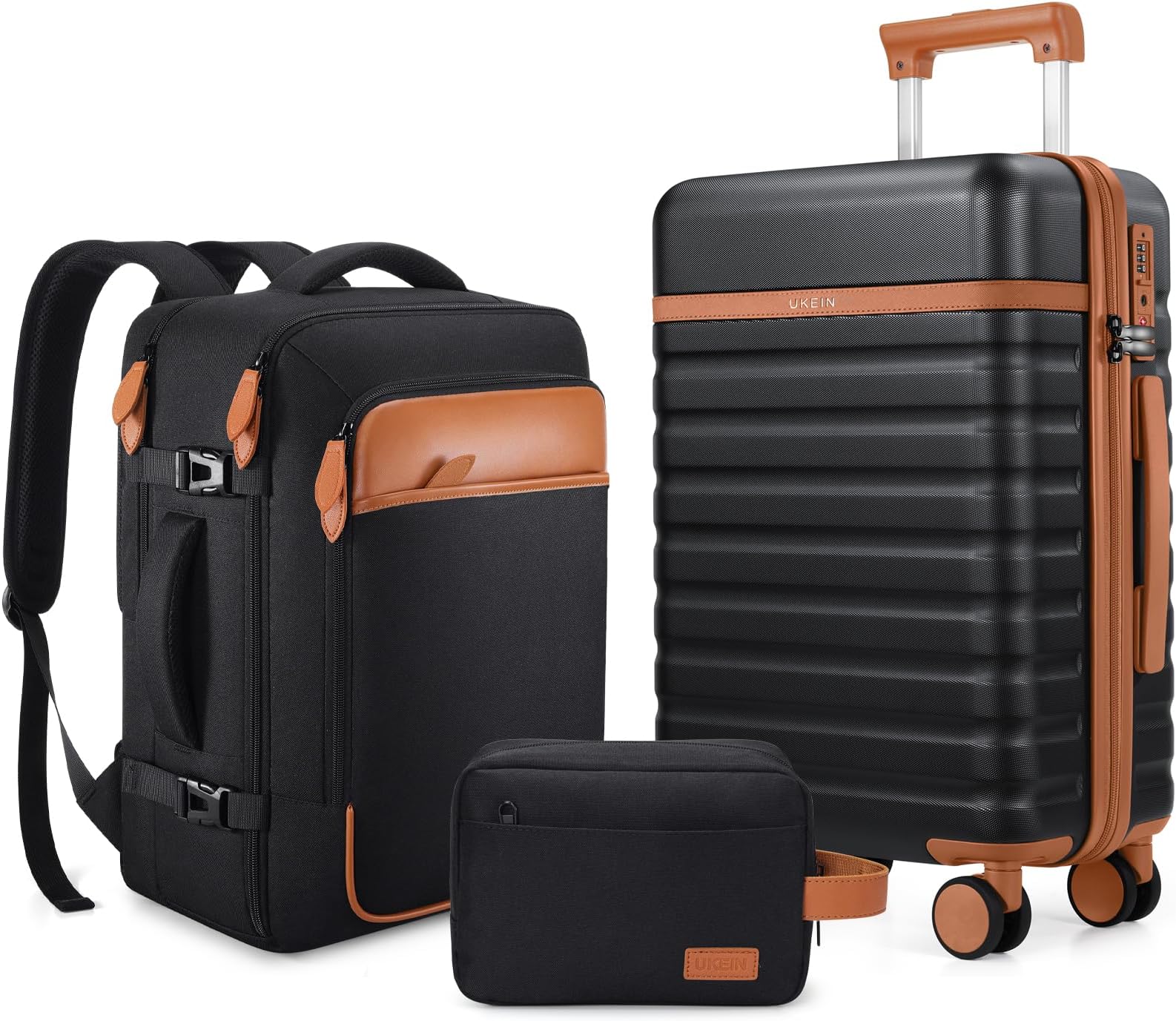 UKEIN Luggage Sets 3 Piece, Carry On Luggage 20In With Spinner Wheels,PC Hardside Suitcase Set with TSA Lock,Durable Carry On Suitcase With Travel Backpack for Men, Black, 3 piece set (20inch