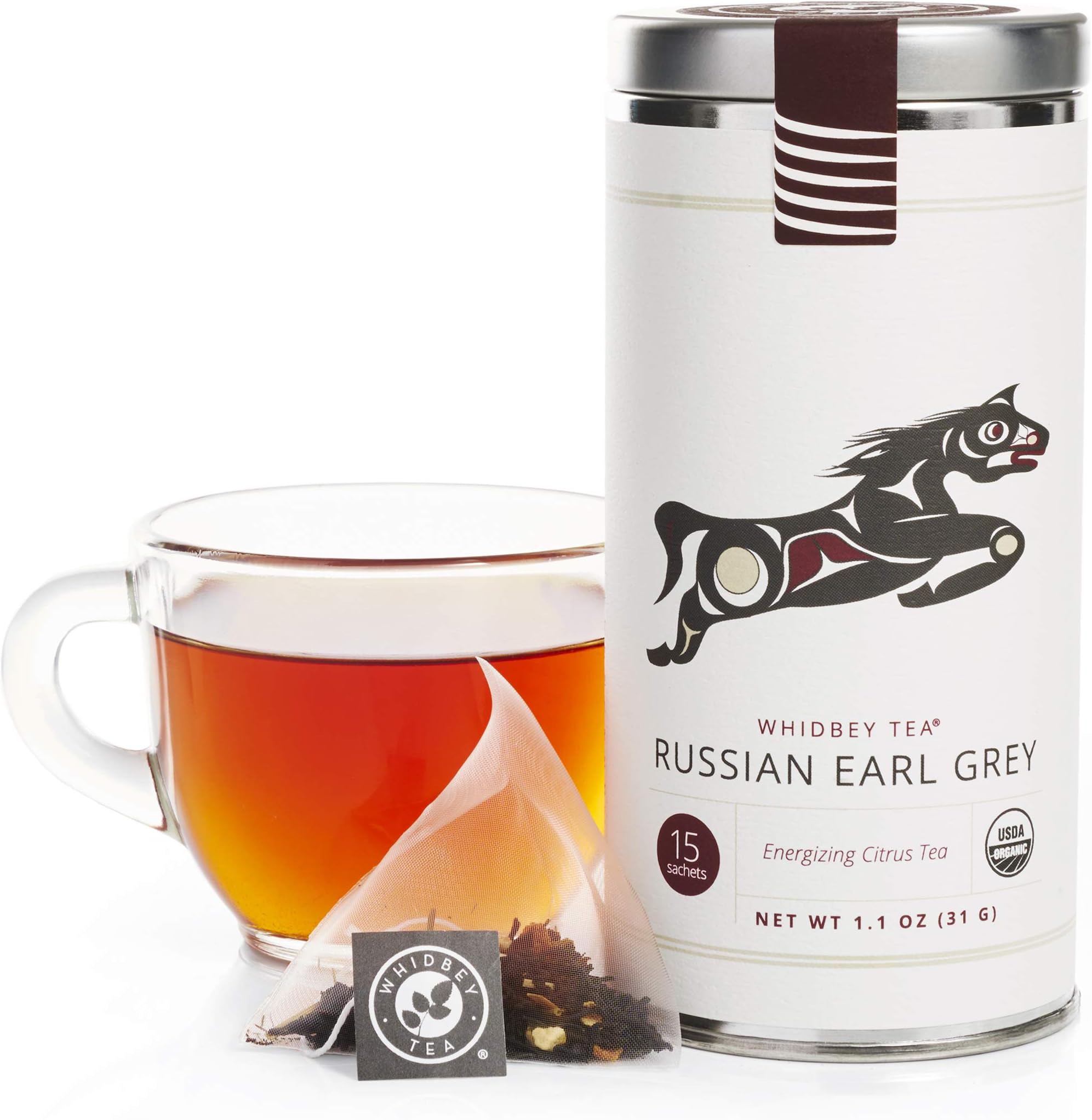 Whidbey - Russian Earl Grey Tea Bags - Premium Certified Organic. Artisan Black Assam Tisane Herbal Blend. Energizing Citrus High Caffeine Teas, Infuser Pyramid Bag (15 Count Sachets)