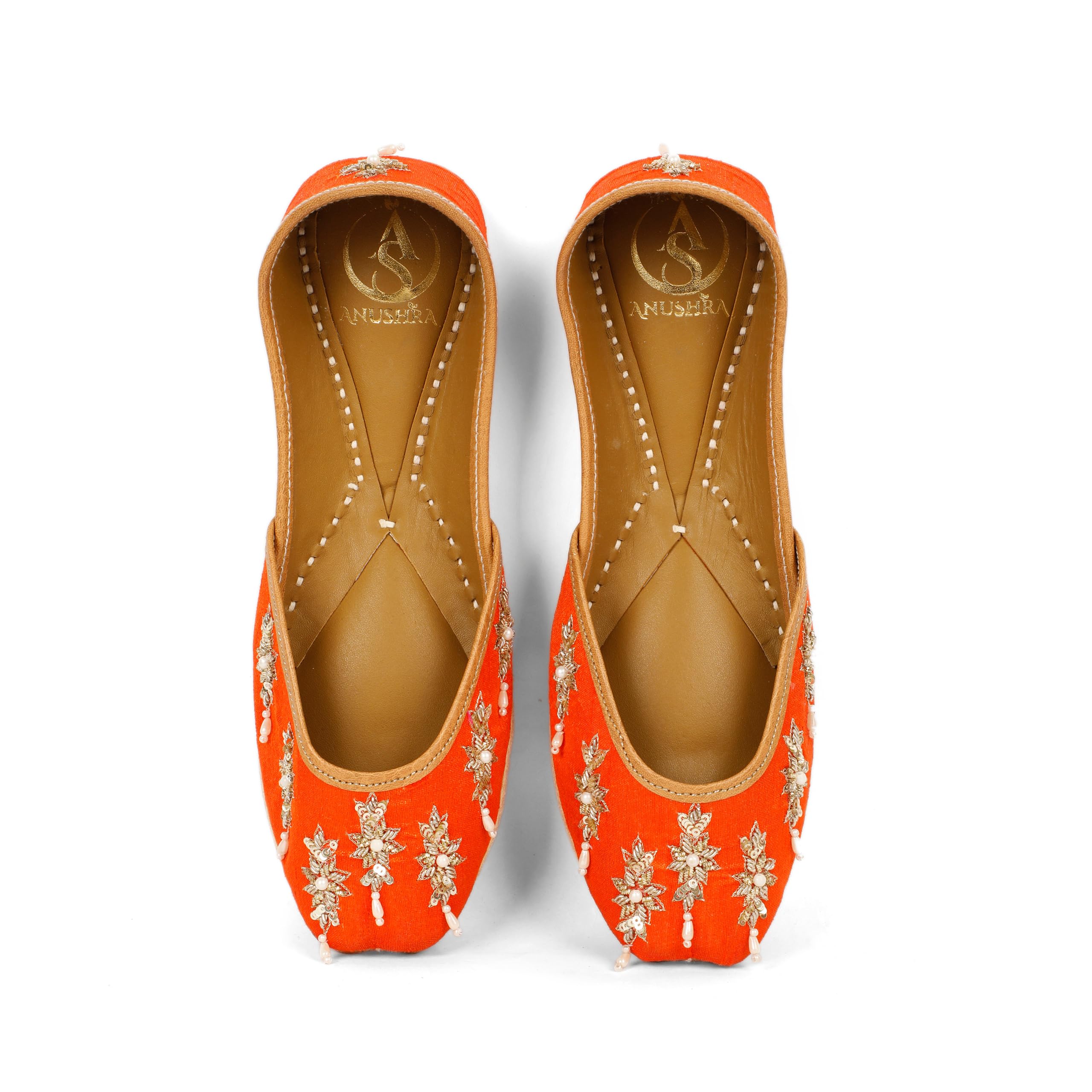 Saffron Jutti for Women, Handcrafted Orange Embroidered Ethnic Footwear with Sequin Pearl Drop Work, Leather-image-38