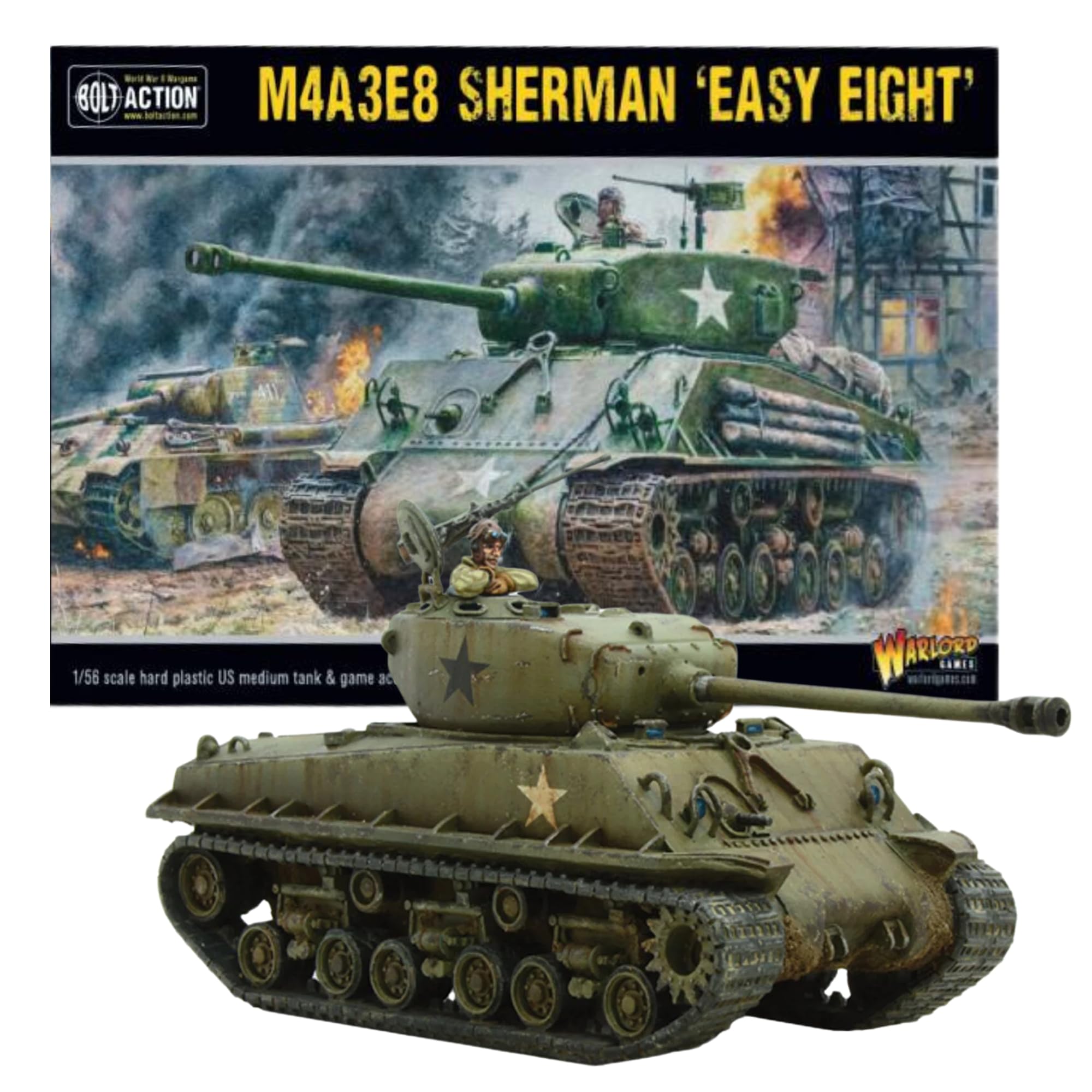 Wargames Delivered - Bolt Action Miniatures - Warlord Games M4A3E8 Sherman Easy Eight 28mm Miniatures, Medium Tank, Cards, Decal Sheet, Dice, Guide, Markers, Digital Bundle - Action Figure Model Kit
