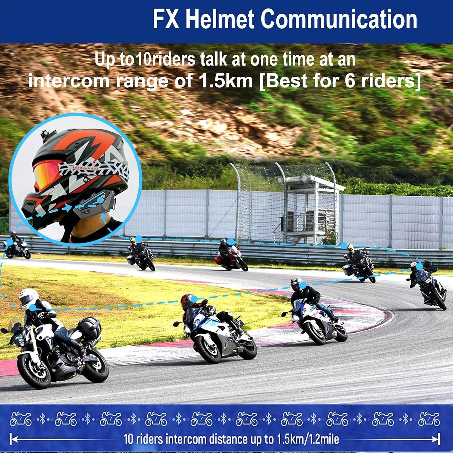 OBEST Casco de moto Bluetooth 5.0, intercomunicador para 10 conductores, alcance de hasta 2000 m, IP67 resistente al agua, 1100 mAh, reducción de ruido para todos los cascos de moto