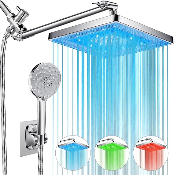 PinWin Shower Head, 8'' Dual Rain Shower Head with 11'' Adjustable Extension Arm, 7-Setting High-Pressure Handheld Combo, Rainfall LED Shower Head Water Temperature Controlled Color Changing,Chrome