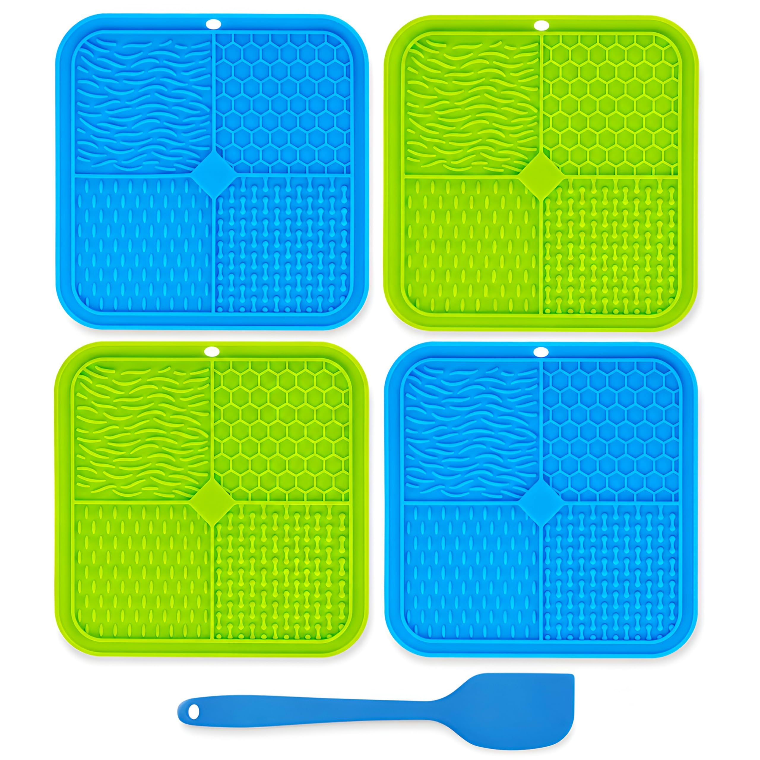 2 Pack Dog Lick Mat, BPA-Free Silicone Lick Mats for Puppies and Cats with Strong Suction Base, Spreading Spatula and Slow Feeder Surface for Calm Feeding (21 CM, 2-Pack Blue & Green)