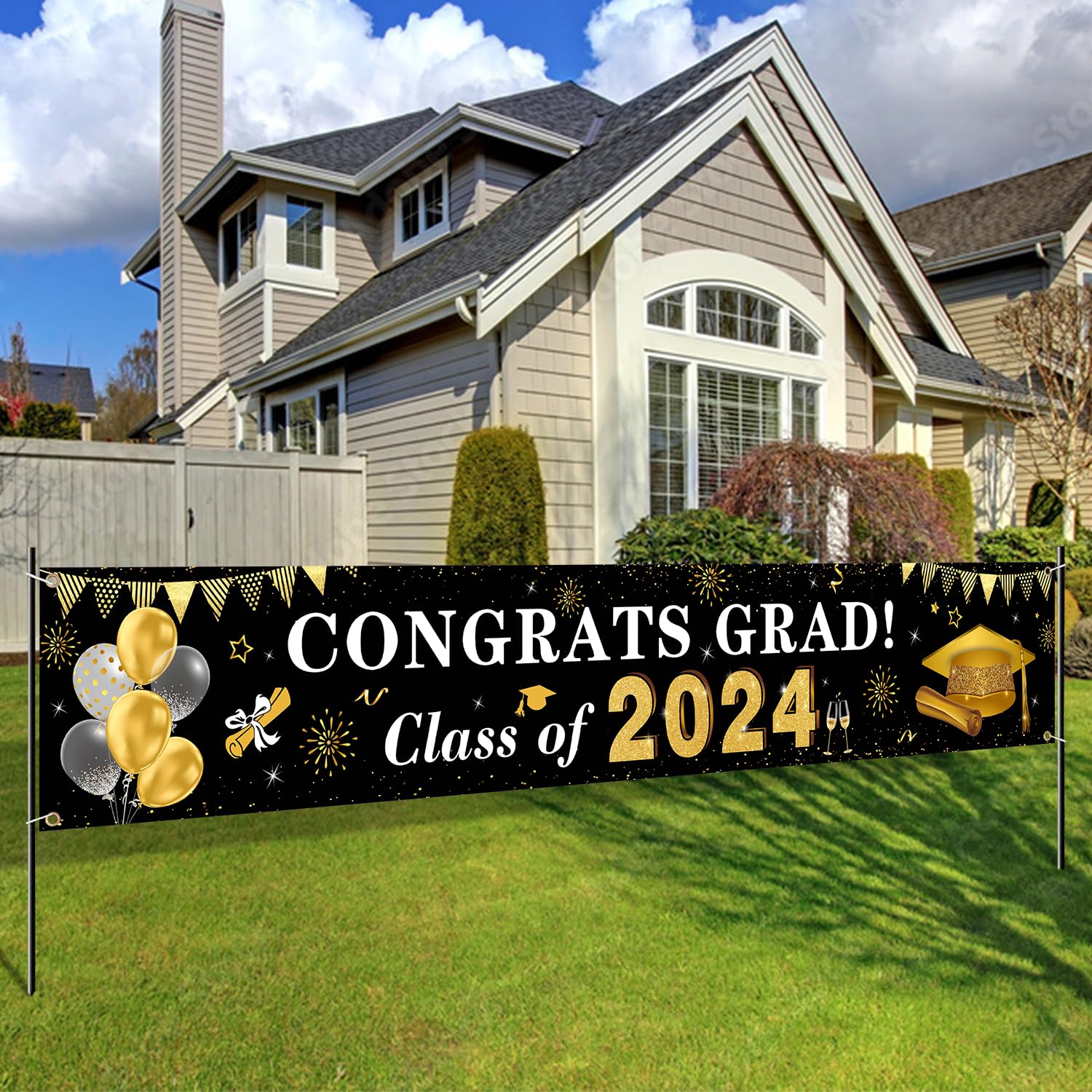 2024 Graduation Decorations Congrats Grad Class of 2024 Banner - Black and Gold Graduation Yard Sign Backdrop Hanging Decorations for Indoor Outdoor 2024 Graduation Party Supplies