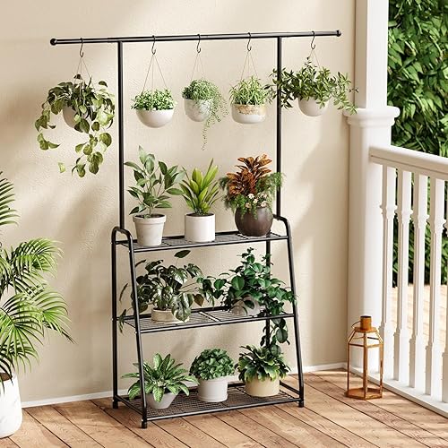Miniatura 6 de Soporte de metal de 3 niveles para uso en interiores y exteriores, estante colgante para múltiples macetas de flores, estante alto grande ideal para