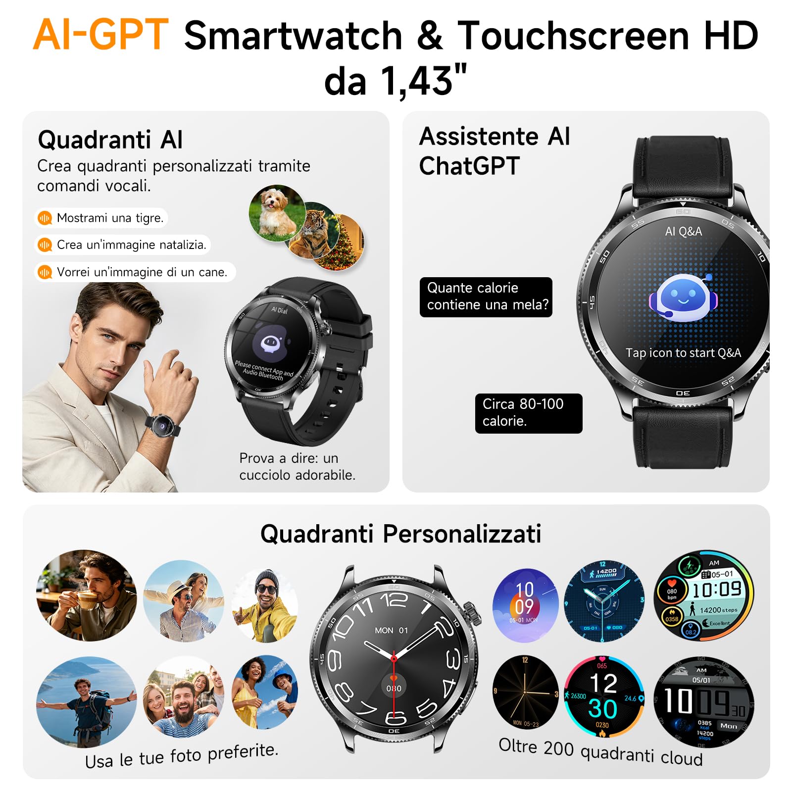 2026 Nuovo AI-GPT Smartwatch Uomo Con ECG/HRV/BMI/Pulsante SOS,Nero