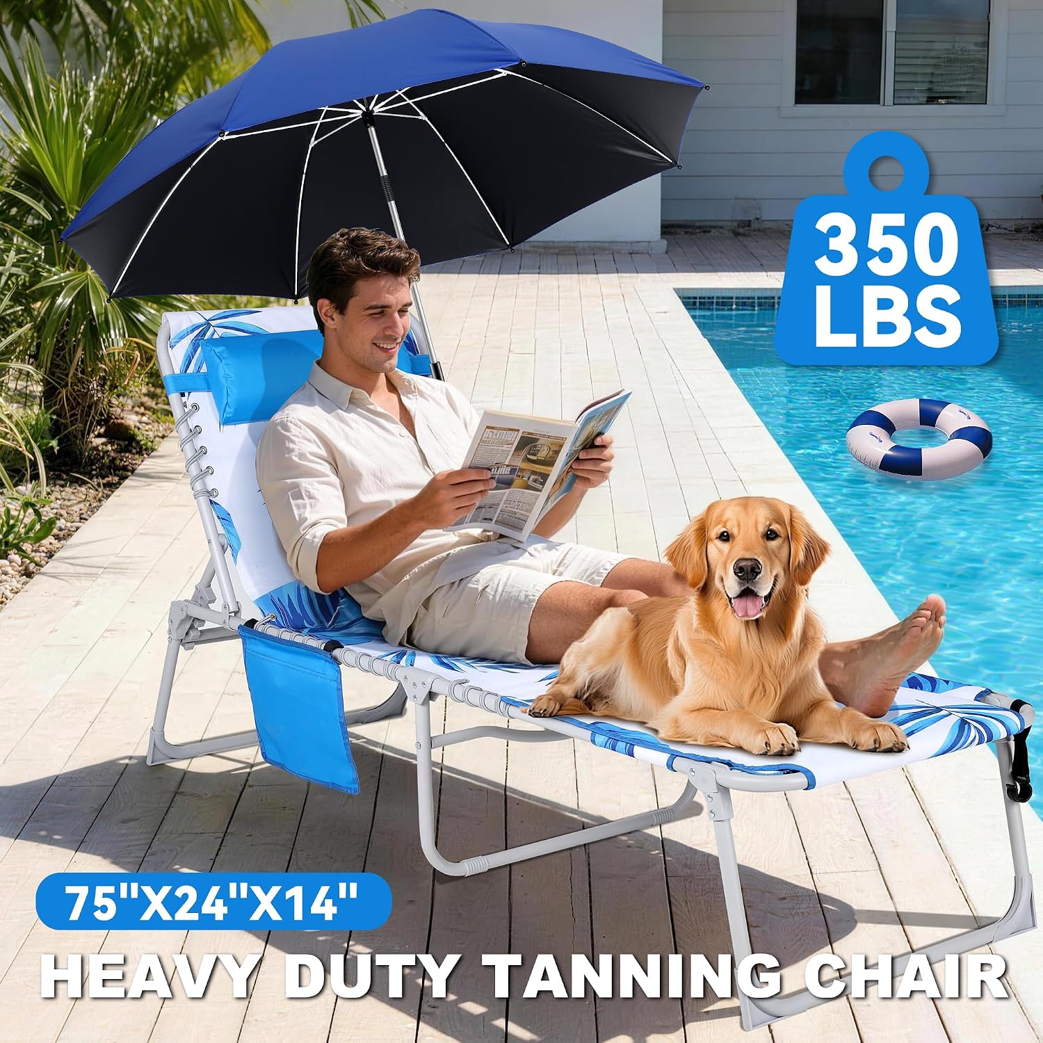 Luxfero 3-in-1 Beach Lounge Chair with Umbrella, Sun Tanning Chair with Face Hole&5-Position Recliner, Folding Lounge Chair Outdoor Lay Flat, Max 350lbs,Portable Tanning Chair with Pillow&Pocket-White