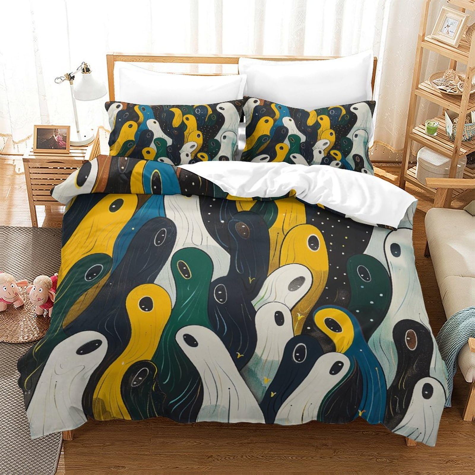 P1S9U7W5Y 3D Printed Abstract Colorful Ghosts Duvet Cover Set 3pcs Microfiber Artistic Bedding Set King（220x240cm）