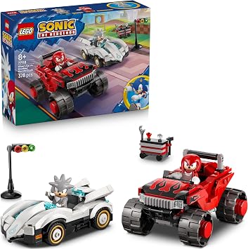 LEGO Sonic the Hedgehog Silver's Car vs. Knuckles' Monster Truck Toy - incl. 2 Minifigures & 2 Chaos Emeralds - Gaming Gift for 8+ Year Old Boys & Girls - 77118