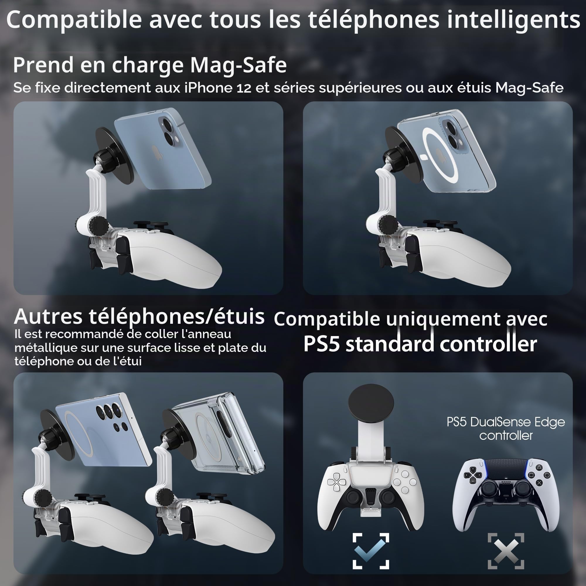 Orzero Controller Téléphone Mount Clip pour Contrôleur Magnétique pour PS5 | Support Réglable magsafe, Accessoires pour iPhone et Android, Jeux en Streaming à Distance - Noir