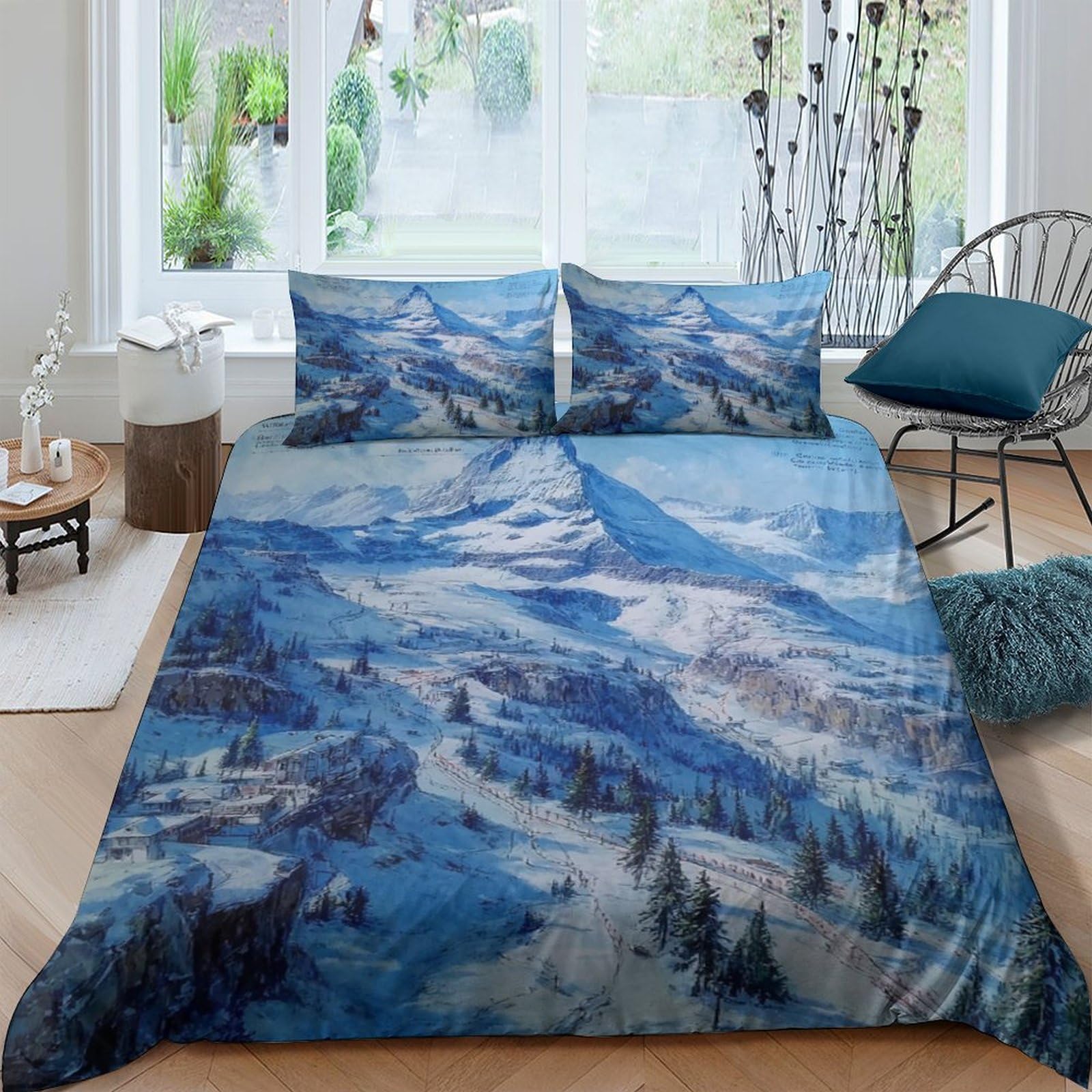 Ctjqhvkz Style-3 3D Printed Snow Mountain Fitted Sheet Microfiber Soft Blue Landscape Bed Cover For Bedroom Guest Room Dorm Stylish Decor Single（135X200cm）