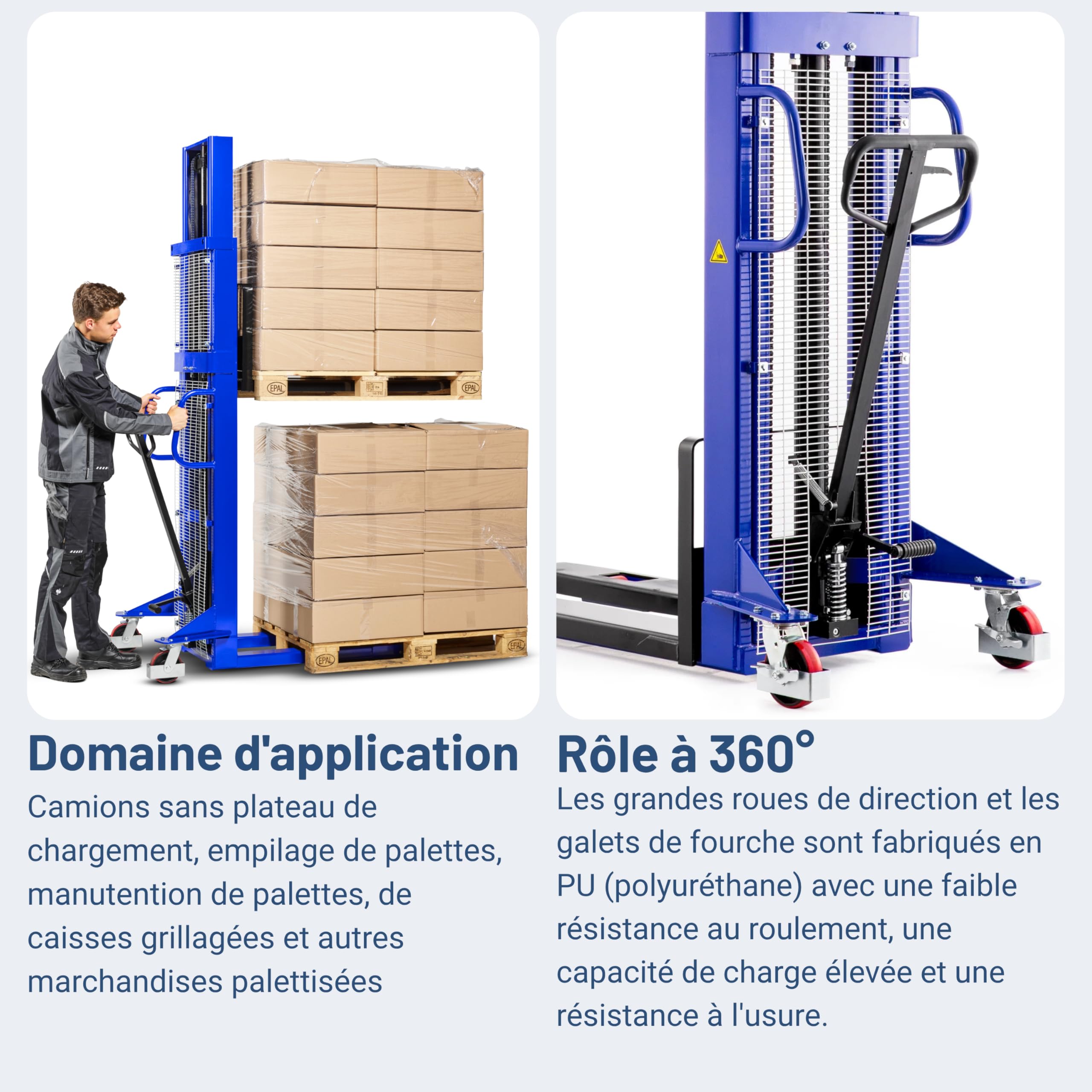Pallit Gerbeur hydraulique LIFT-M | Hauteur de levage 1600 mm | Capacité de charge 1000 kg | Roues PU | Chariot élévateur