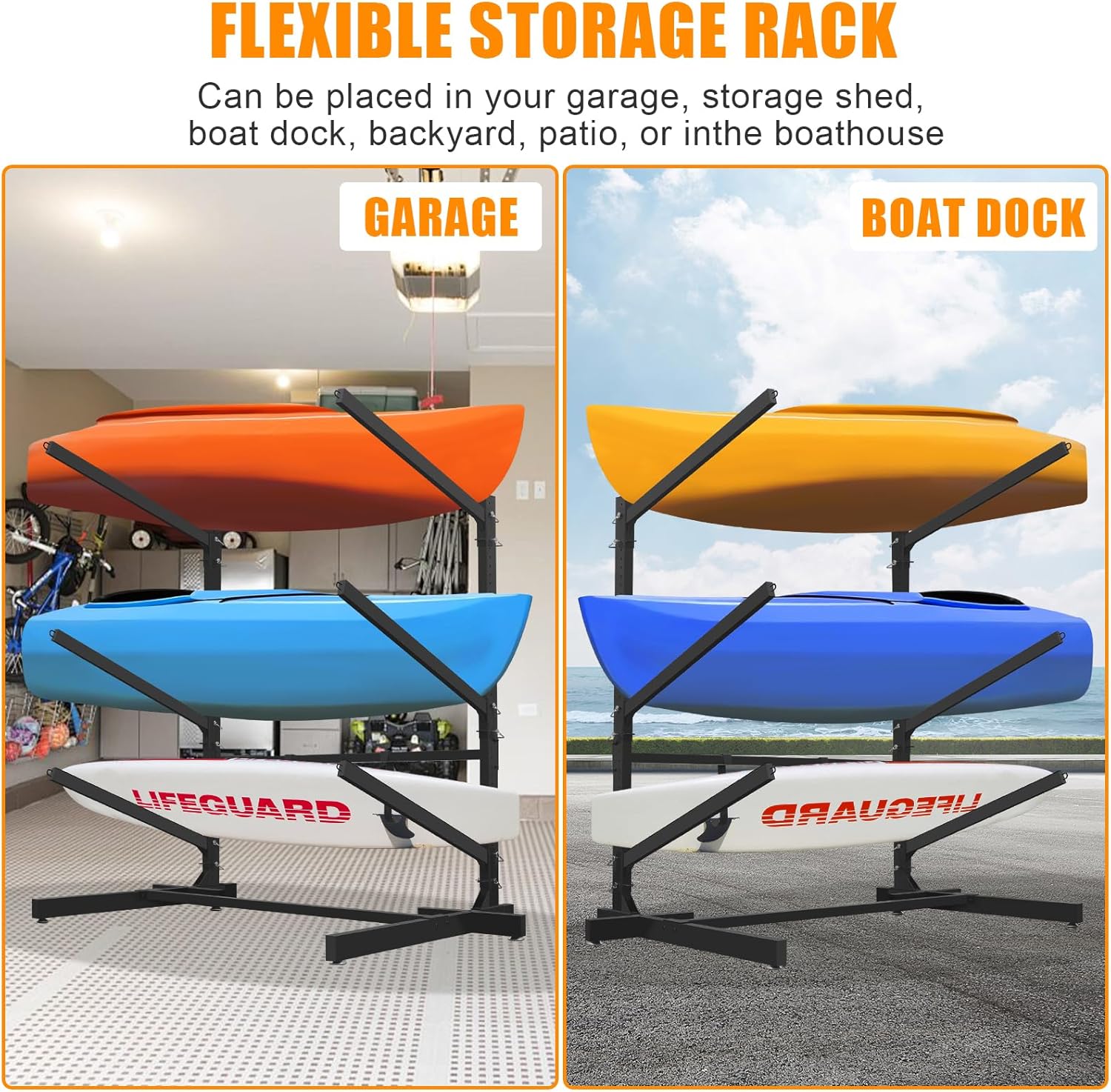Cross Base Double Layer Kayak Storage Rack | Heavy Duty Kayak Racks for Garage and Outdoor Storage | Quick Installation Storage Rack for Kayak, Canoe, Surfboard & Paddleboard